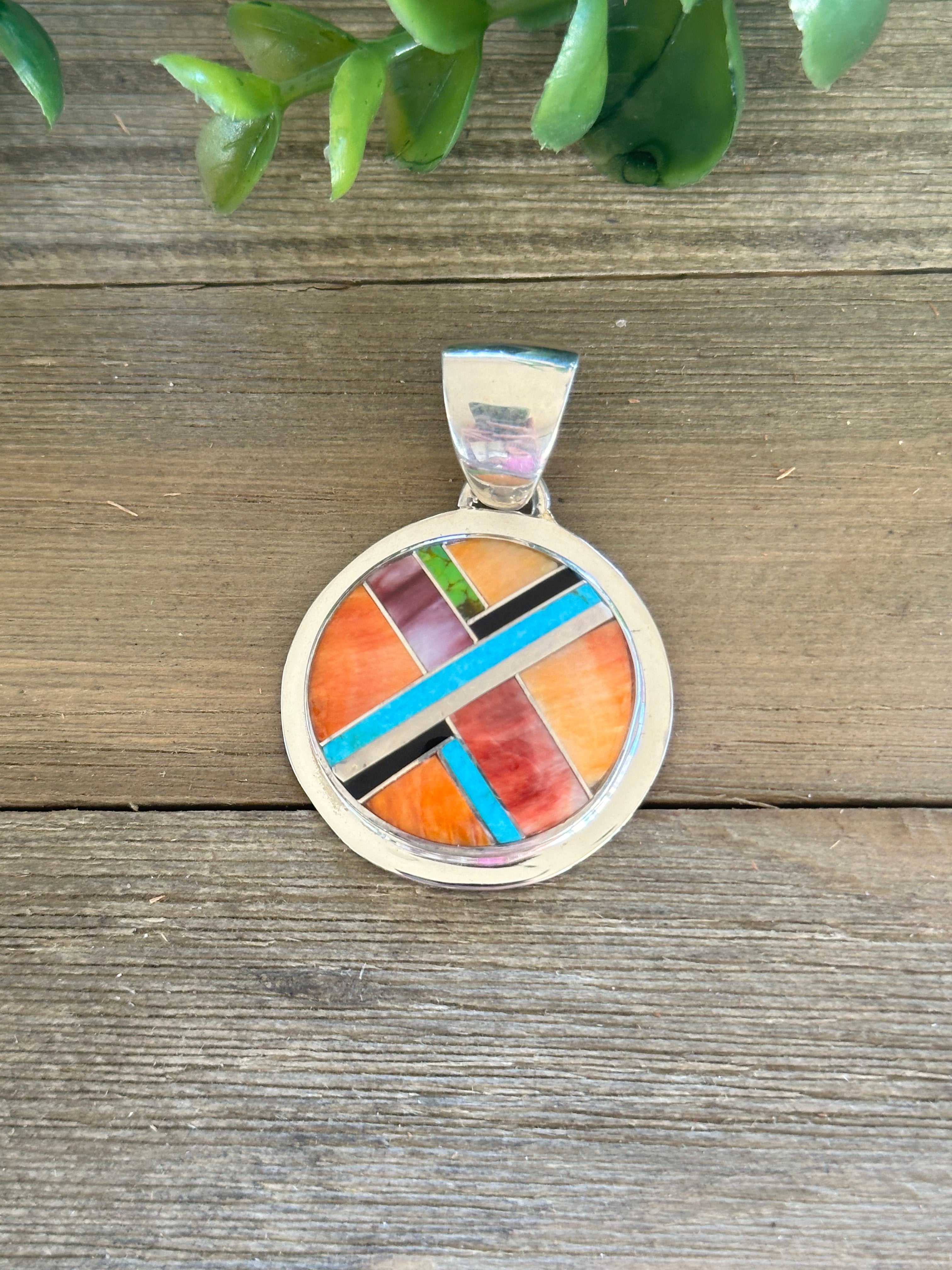 Navajo Made Multi Stone & Sterling Silver Inlay Reversible Pendant