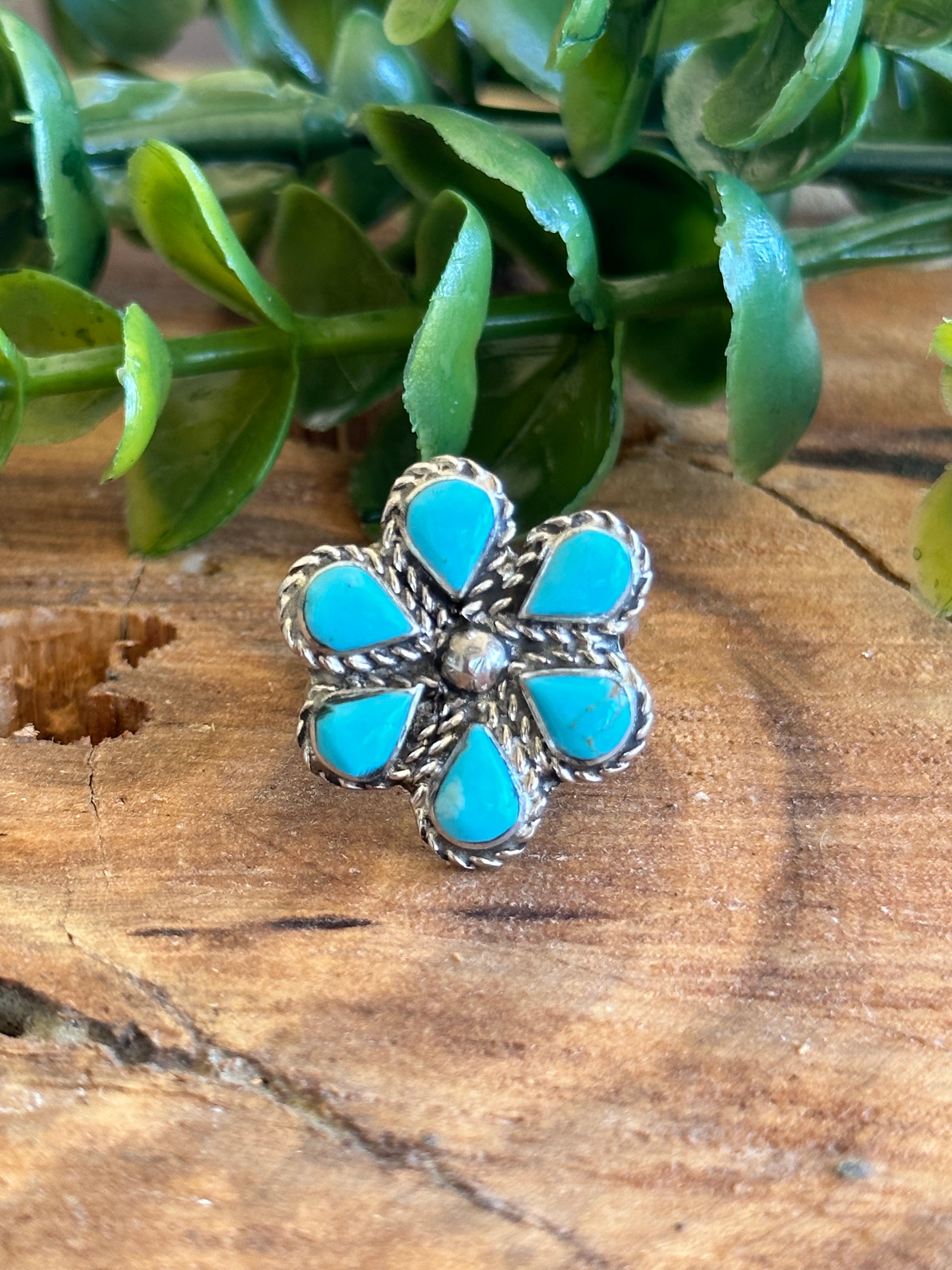 Merle House Kingman Turquoise & Sterling Silver Cluster Ring Size 6.25