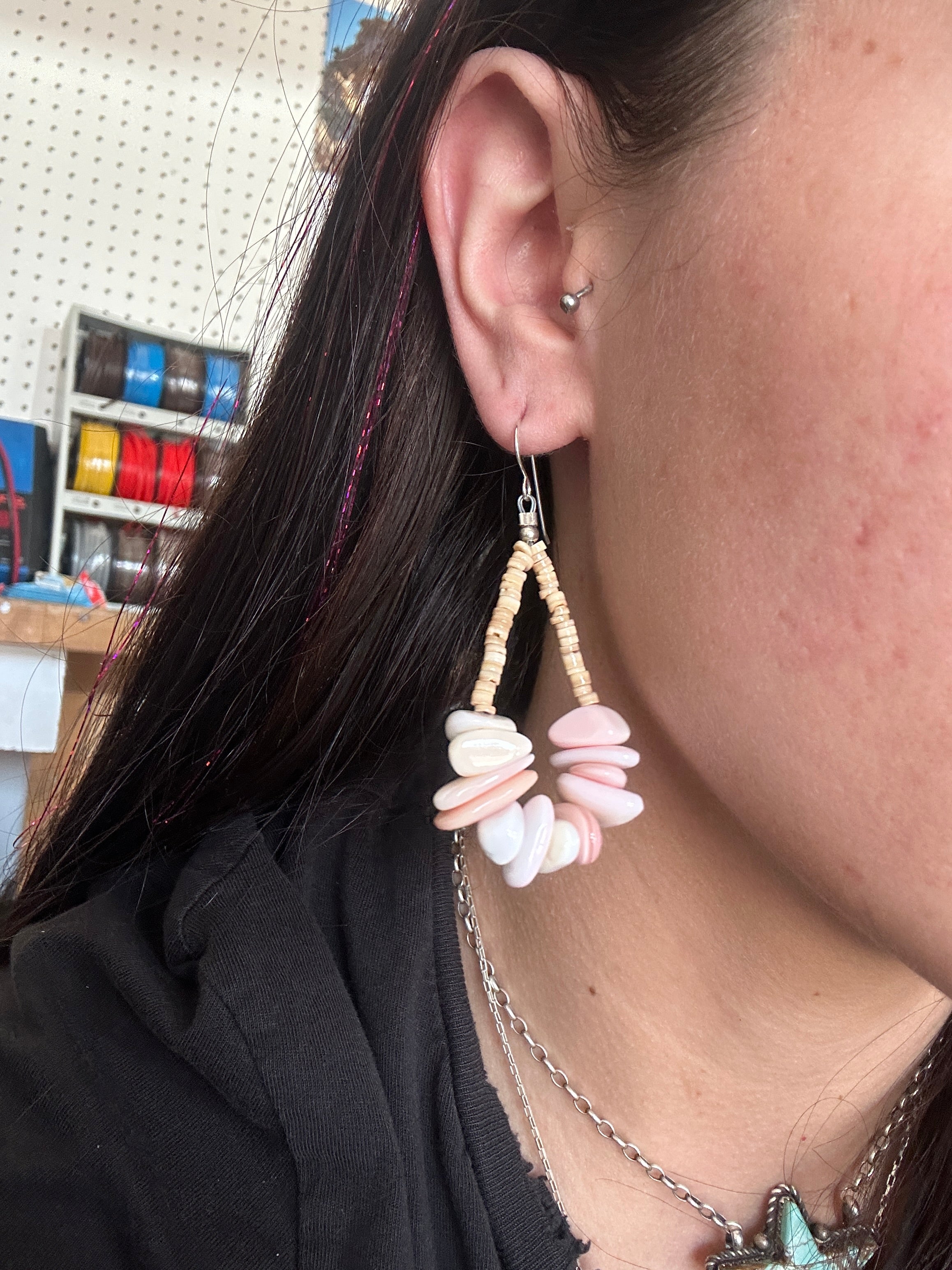 Navajo Strung Pink Conch & Shell Beads Dangle Earrings