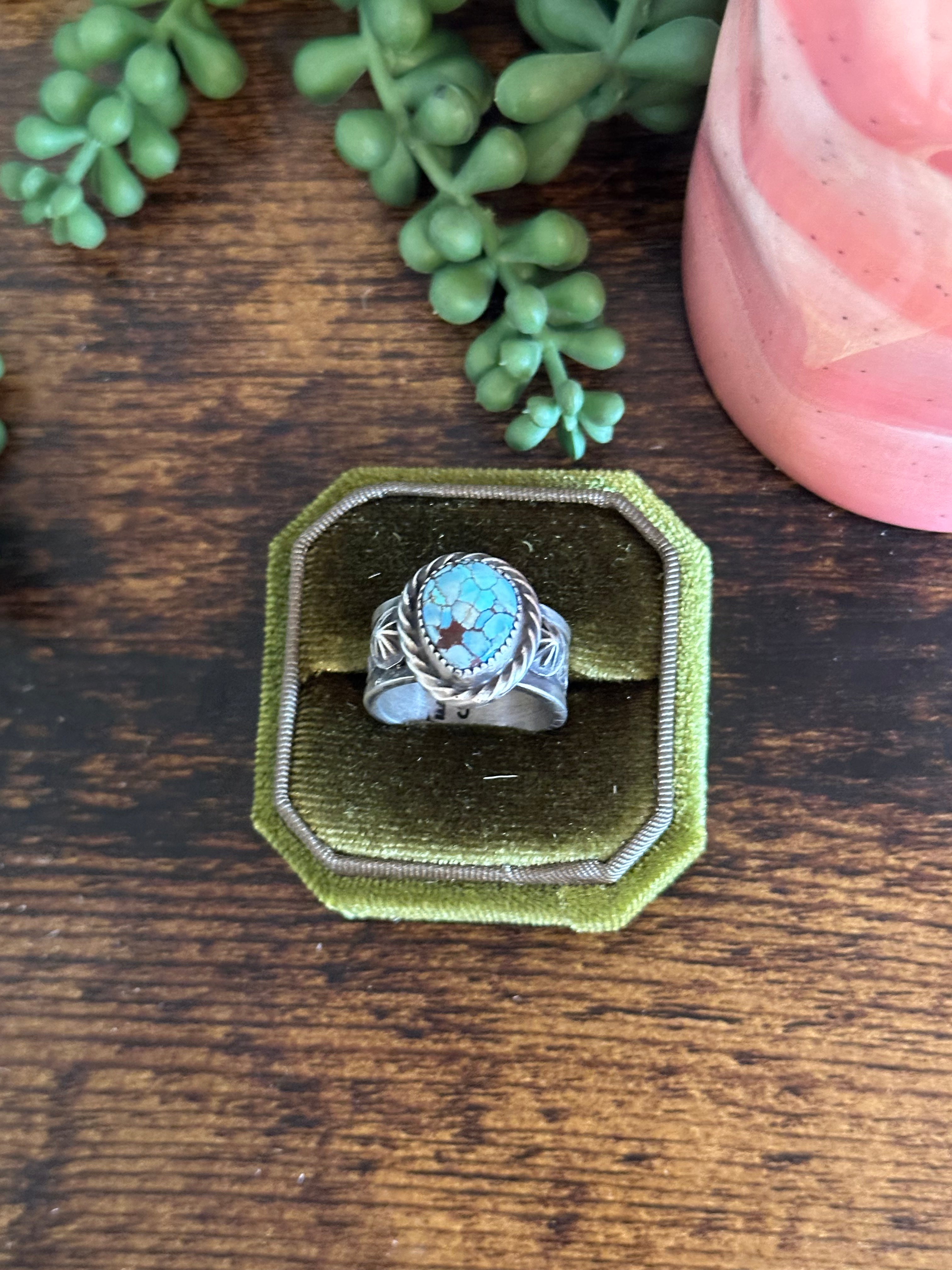 Chris Etsitty Golden Hills Turquoise & Sterling Silver Ring Size 7.75