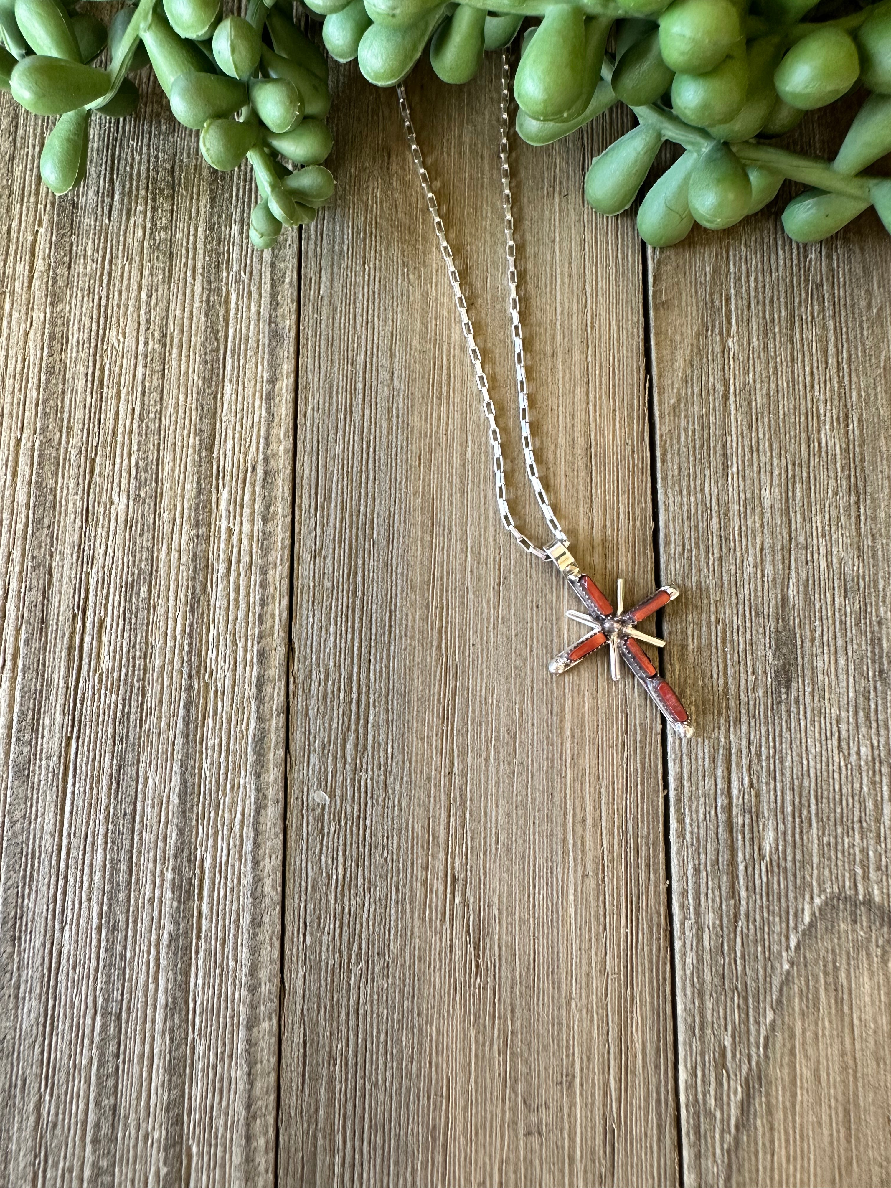 Zuni Made Red Coral & Sterling Silver Cross Pendant