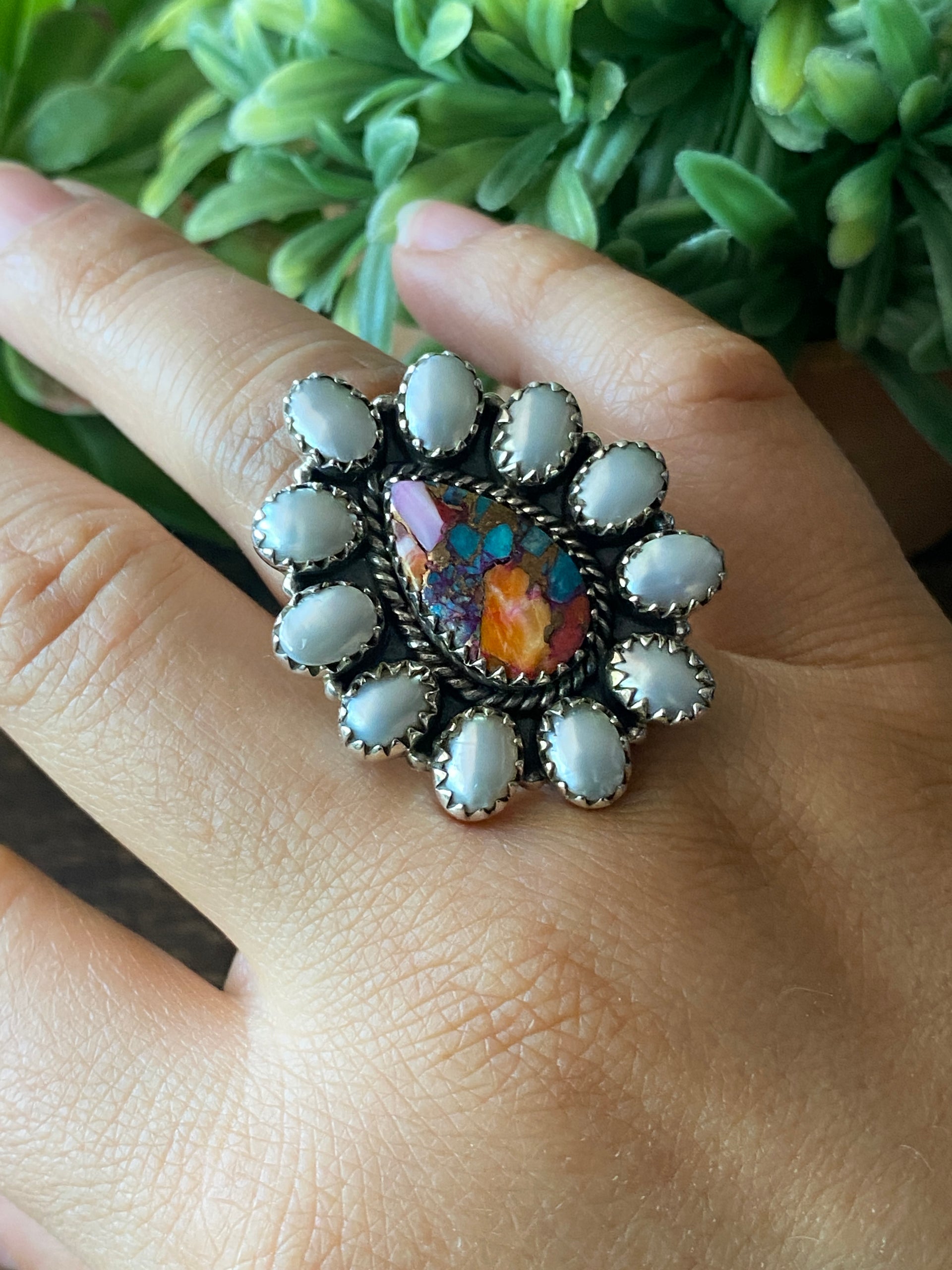Southwest Handmade Multi Stone & Sterling Silver Adjustable Cluster Ring