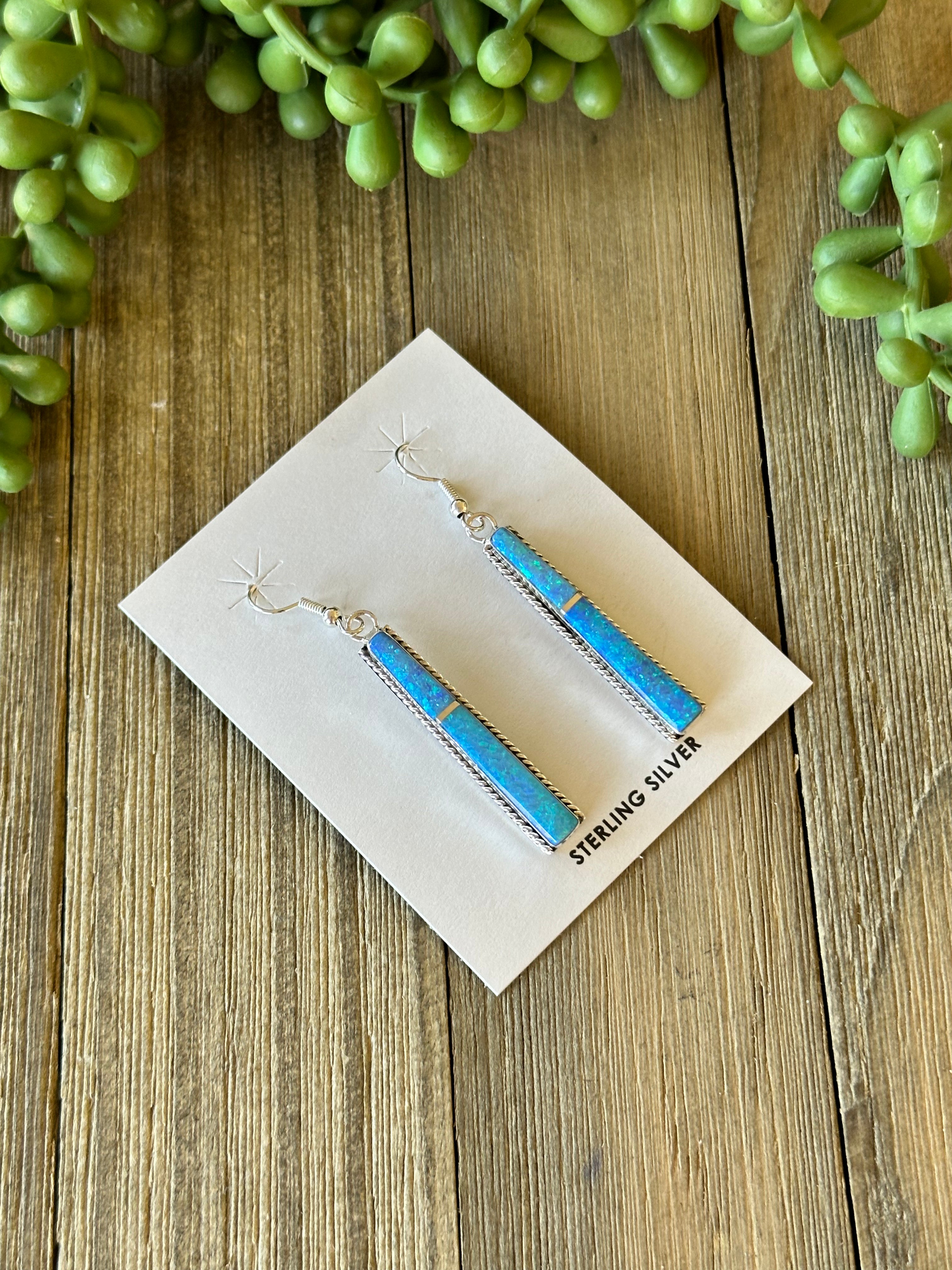 Navajo Made Blue Opal (Man Made) & Sterling Silver Dangle Earrings