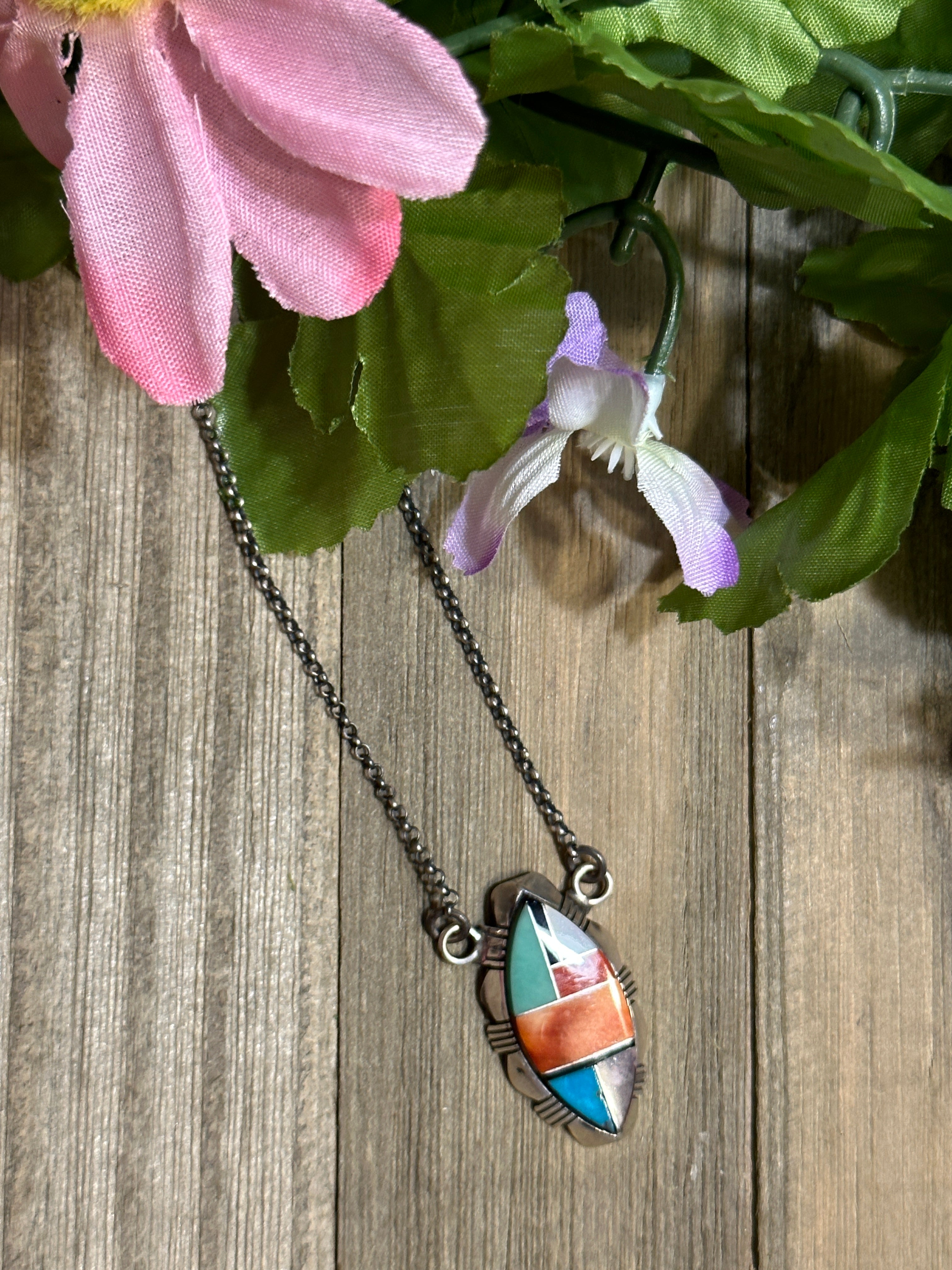 Navajo Made Multi Stone & Sterling Silver Inlay Necklace