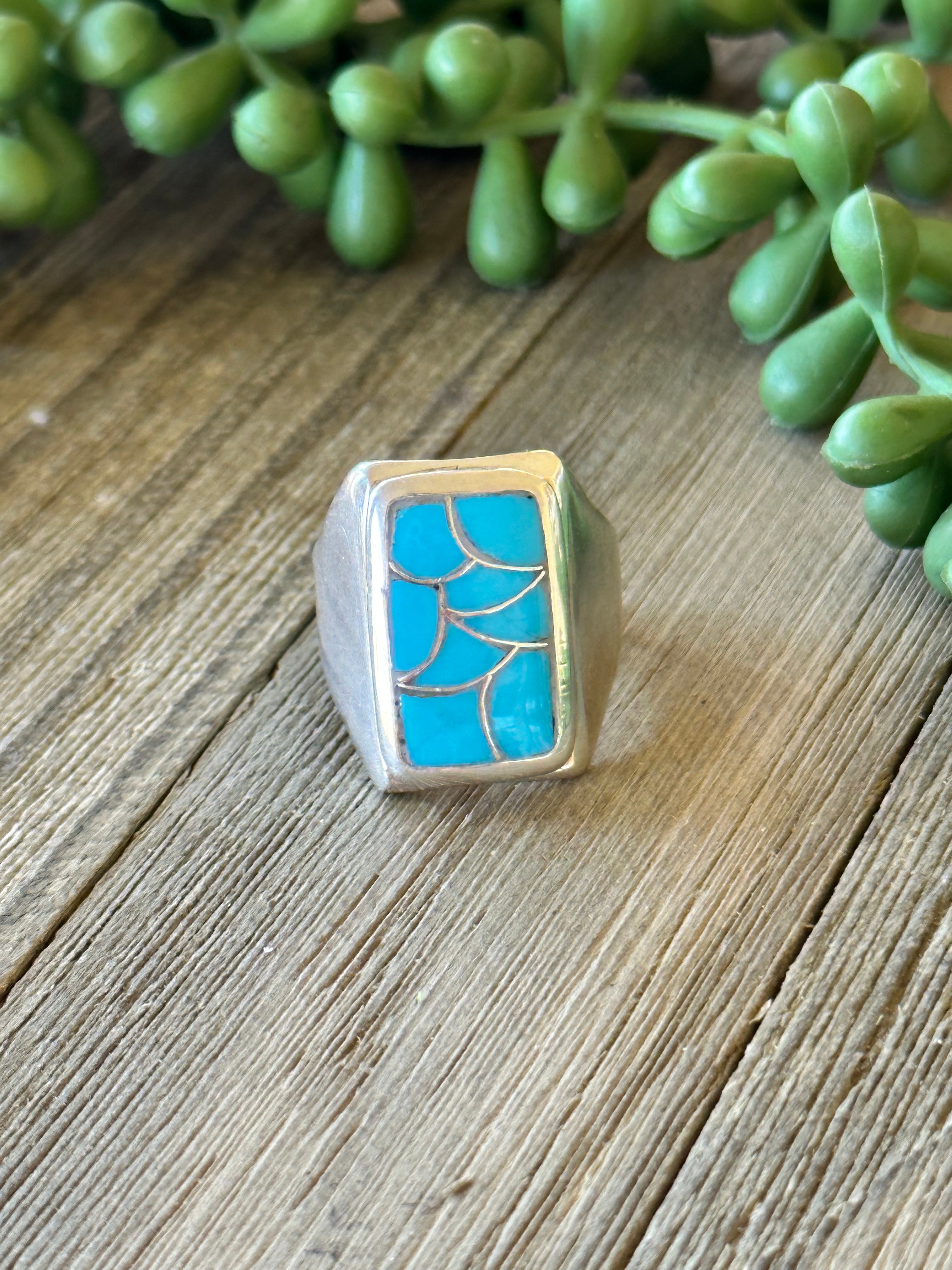 Navajo Made Kingman Turquoise & Sterling Silver Inlay Ring