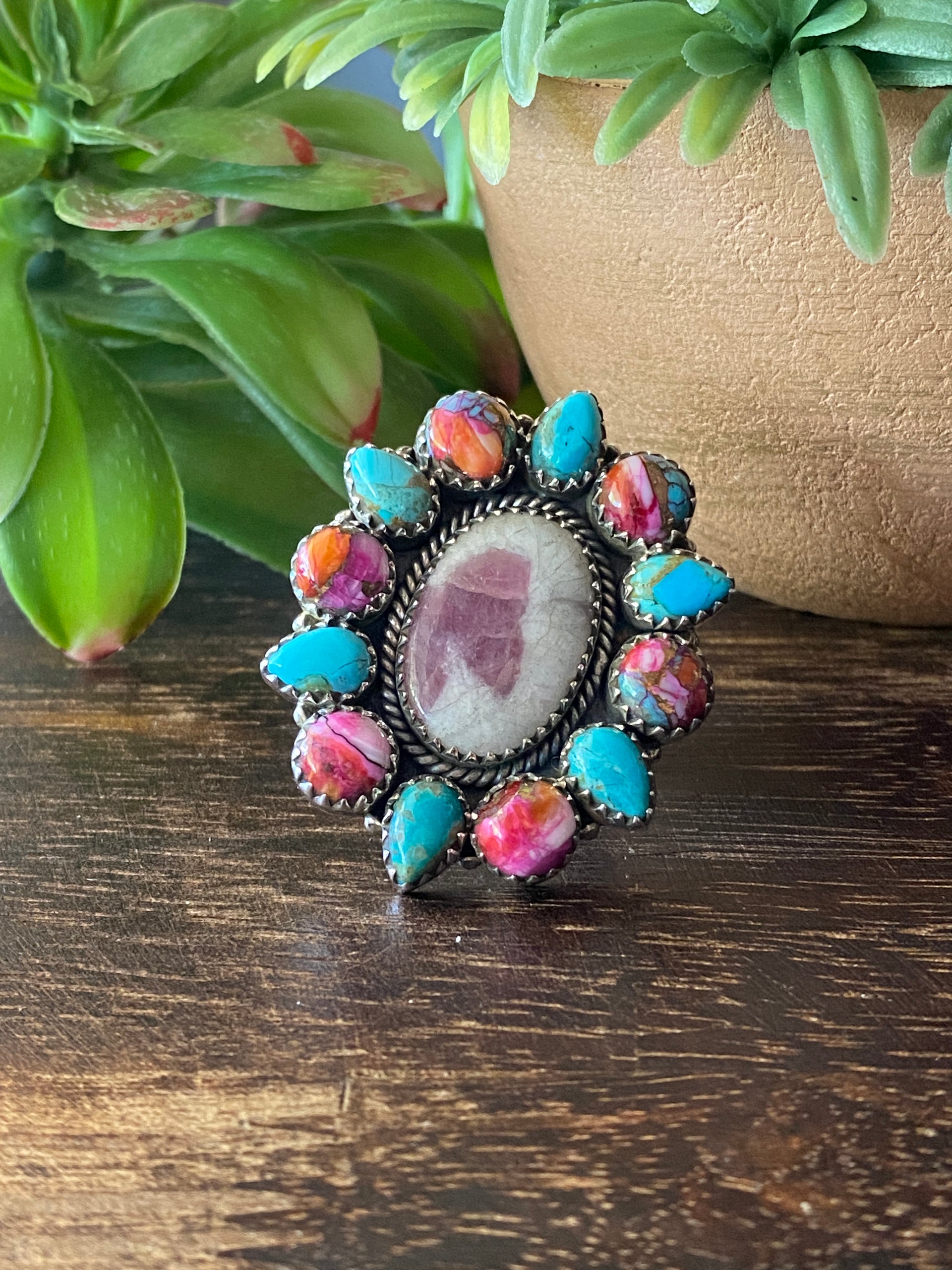 Southwest Handmade Multi Stone & Sterling Silver Adjustable Cluster Ring