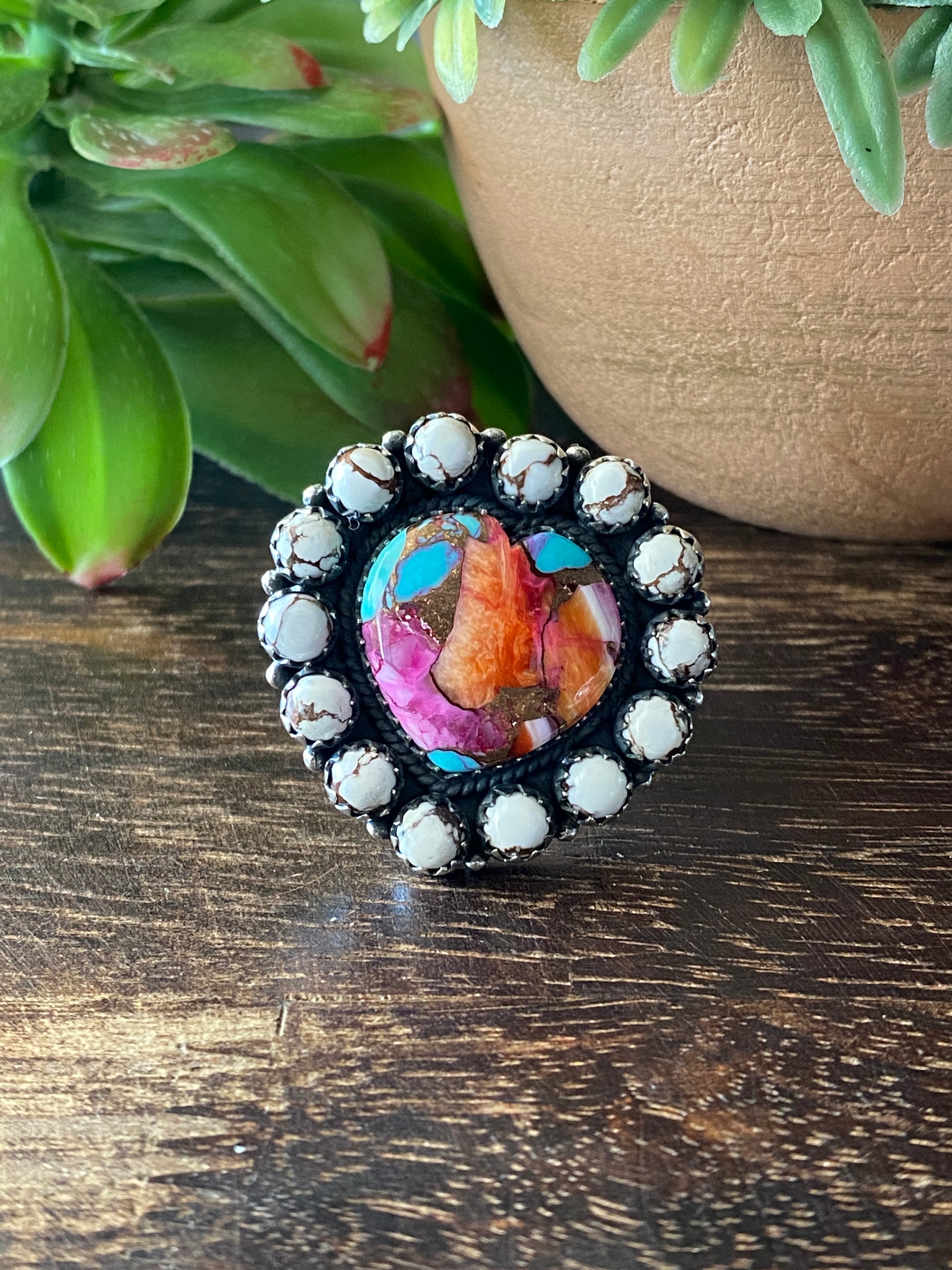 Southwest Handmade Multi Stone & Sterling Silver Adjustable Cluster Ring