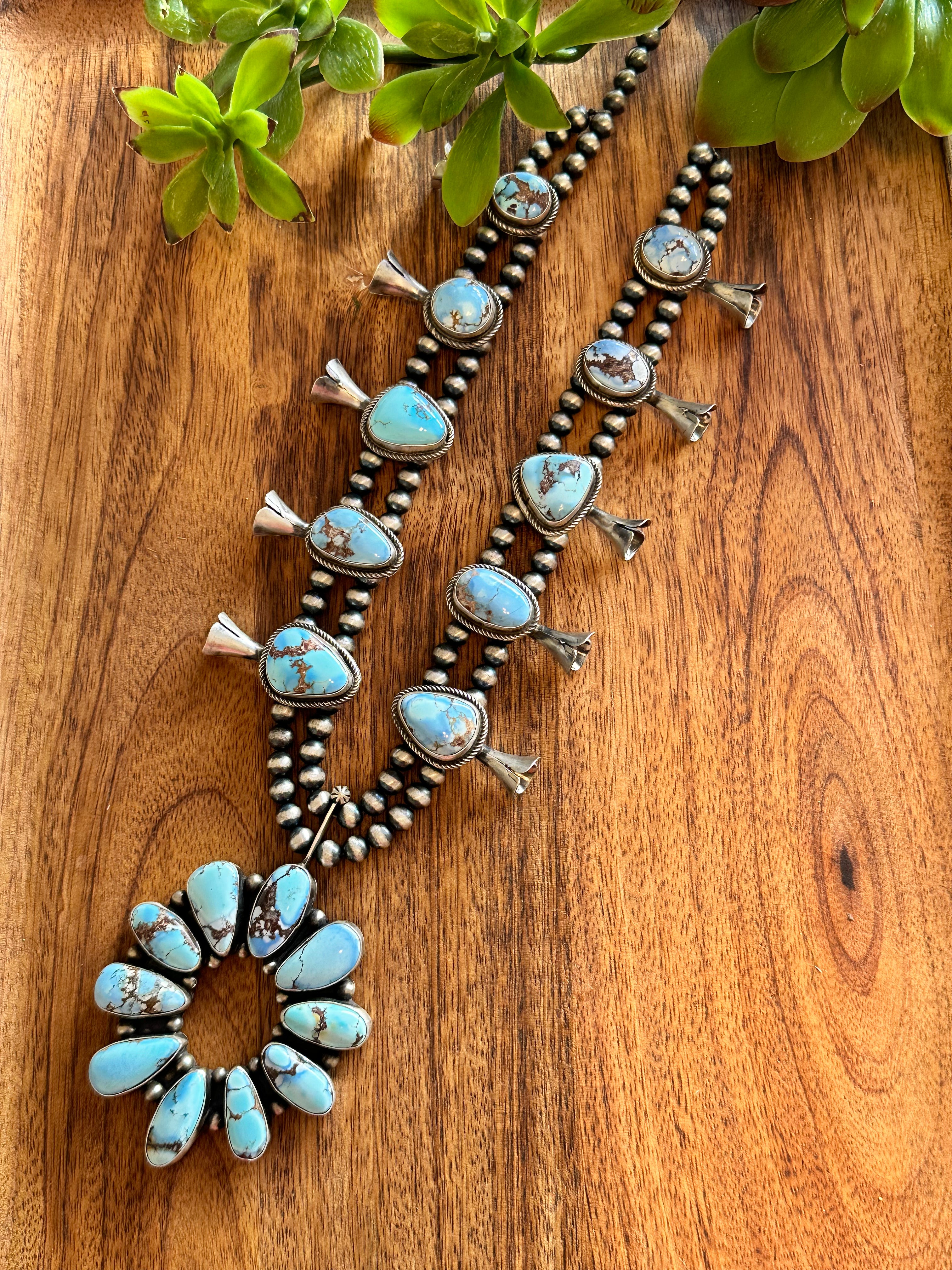 Kathleen Chavez Golden Hills Turquoise & Sterling Silver Squash Blossom Necklace Set