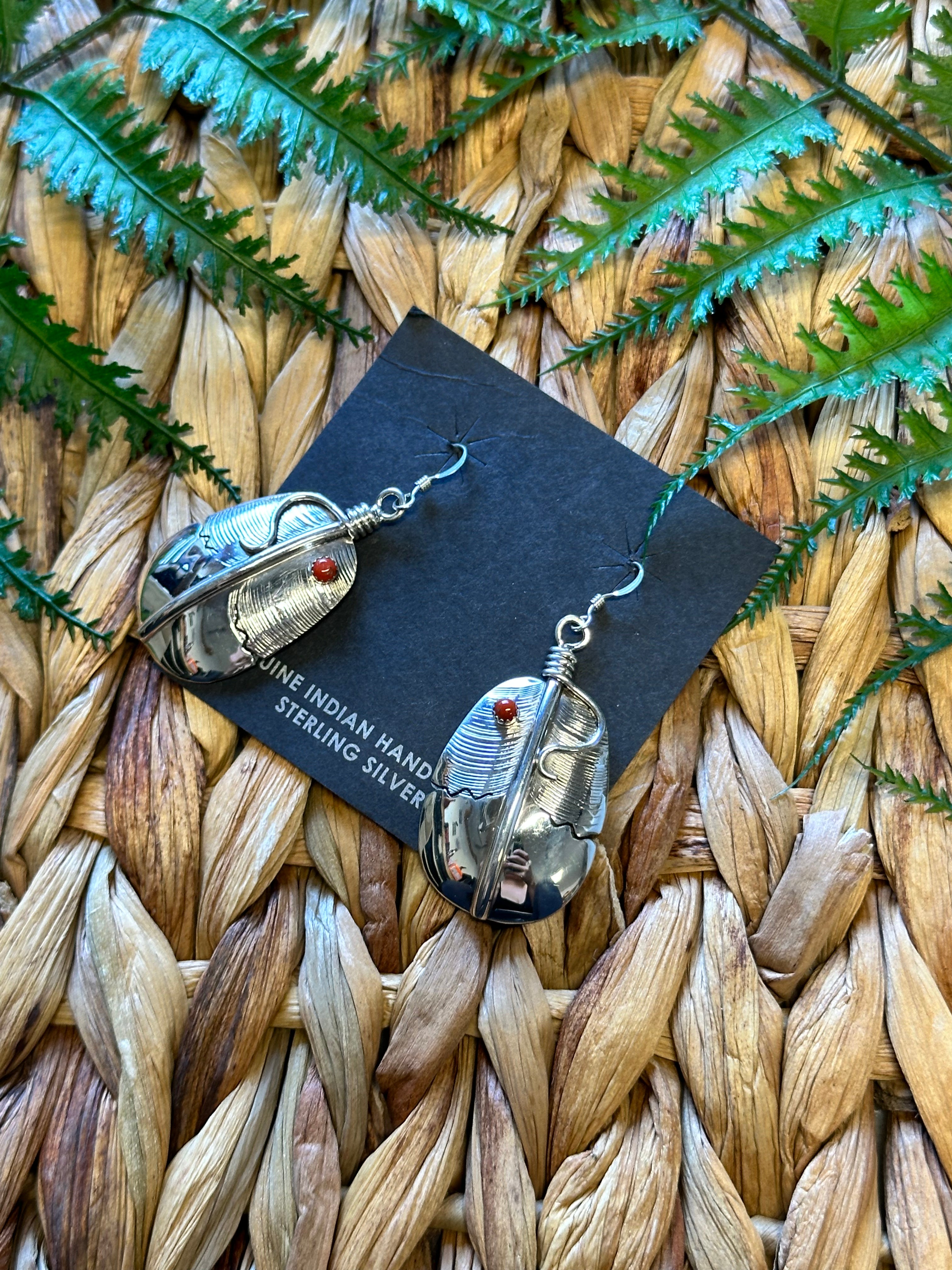 Navajo Made Coral & Sterling Silver Dangle Feather Earrings