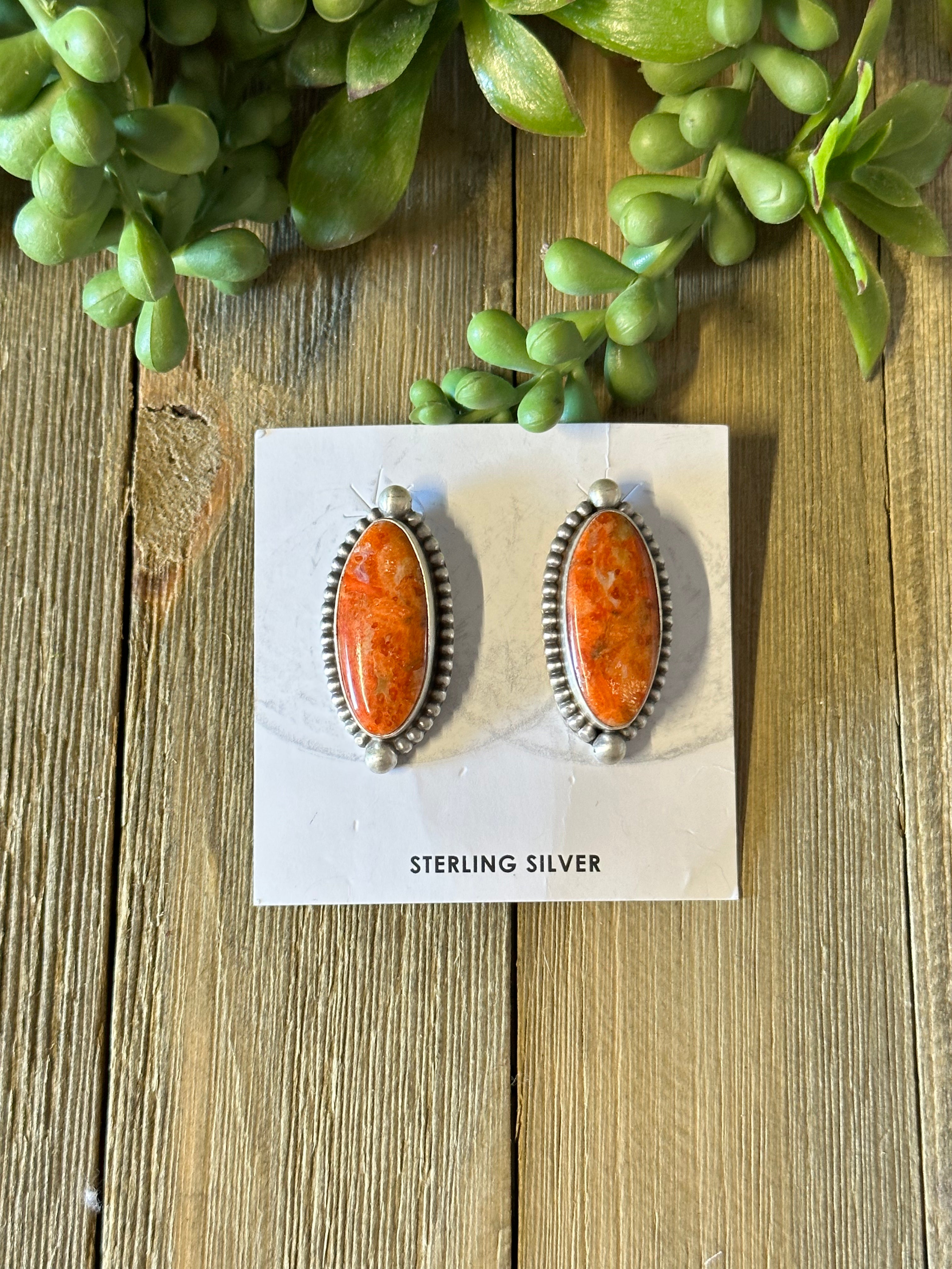 Navajo Made Apple Coral & Sterling Silver Post Earrings