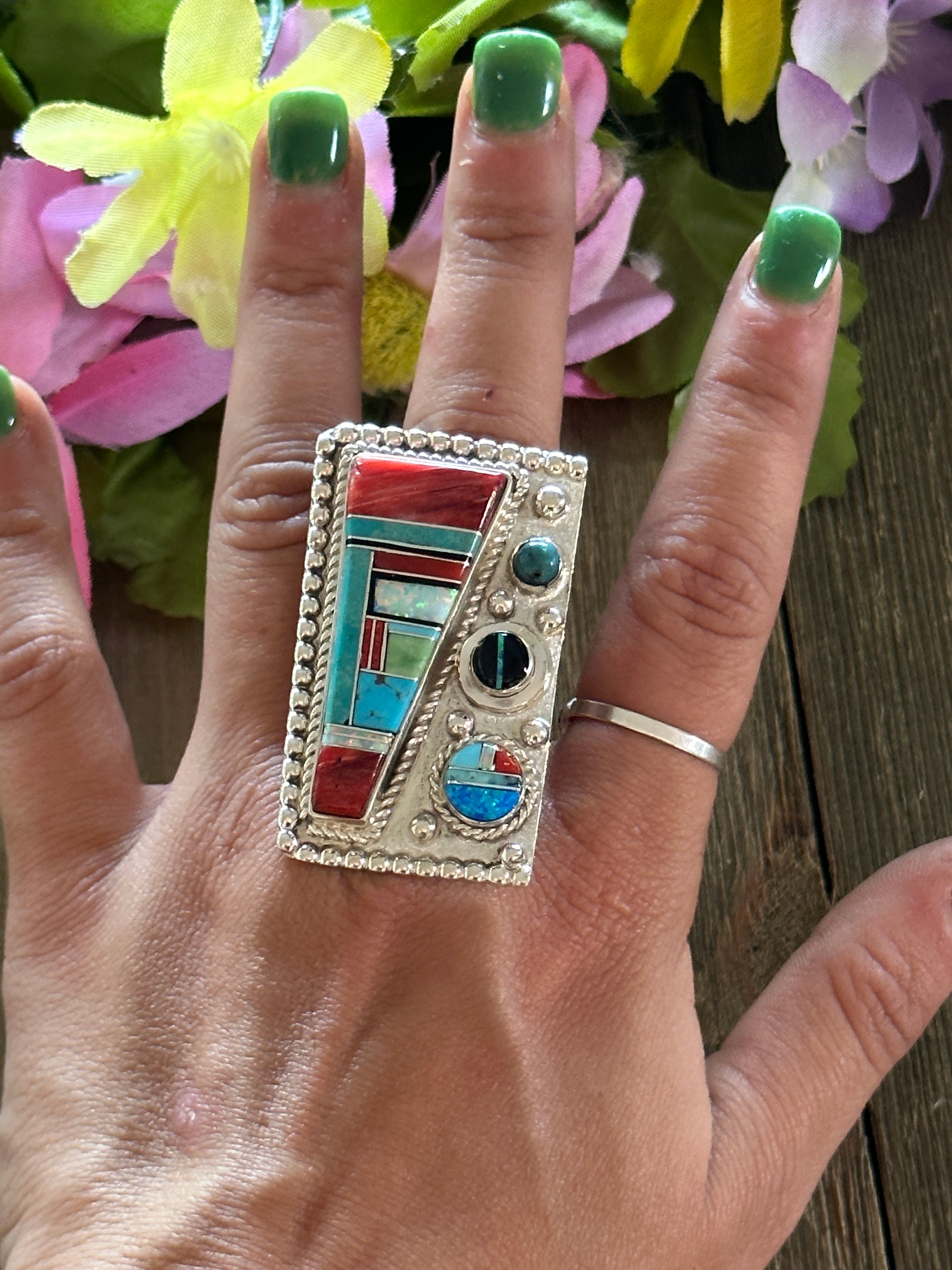 Navajo Made Multi Stone & Sterling Silver Ring Size 9