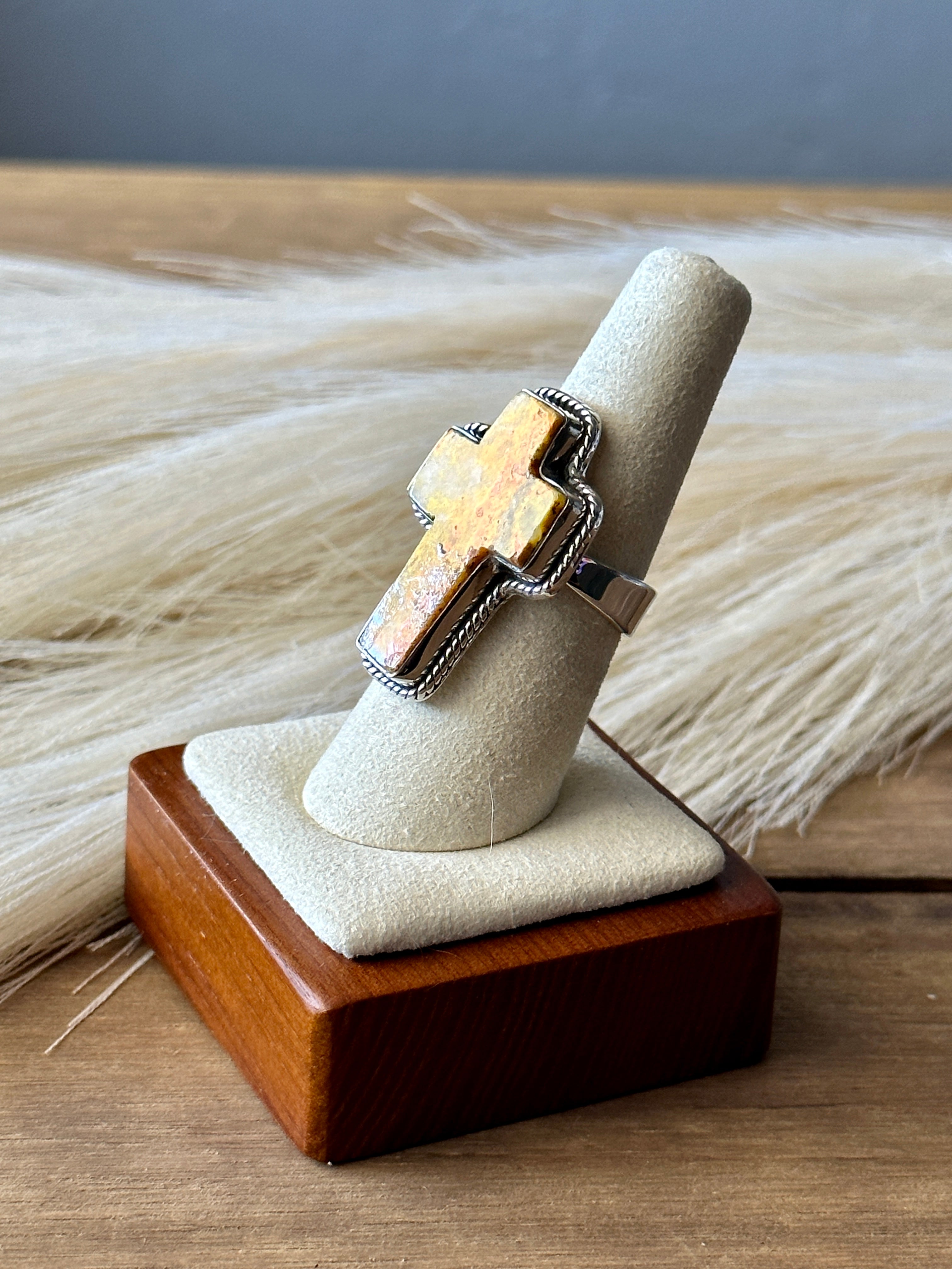 Southwest Handmade Bumblebee Jasper & Sterling Silver Adjustable Cross Ring