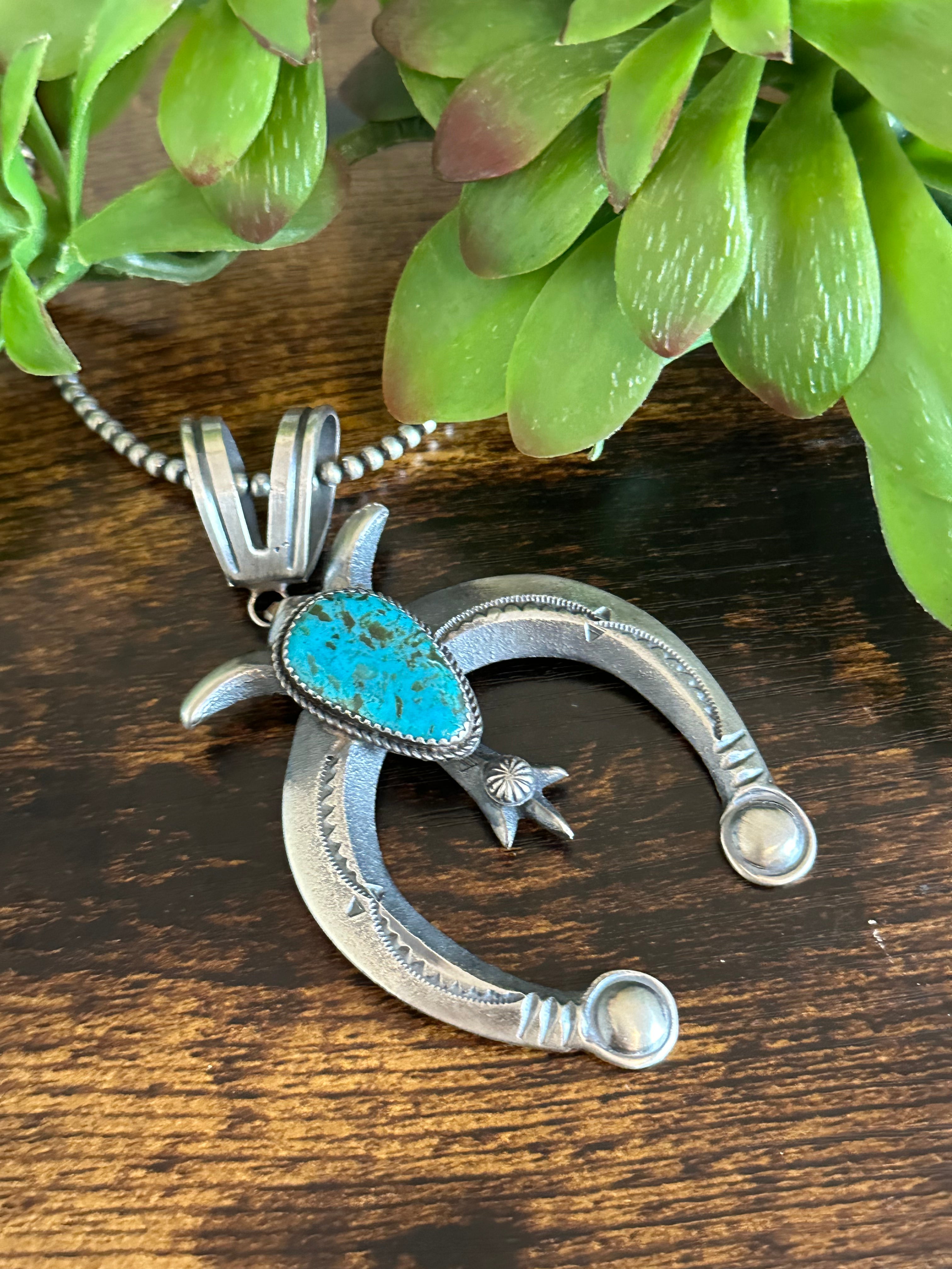 Navajo Made Kingman Turquoise & Sterling Silver Naja Pendant