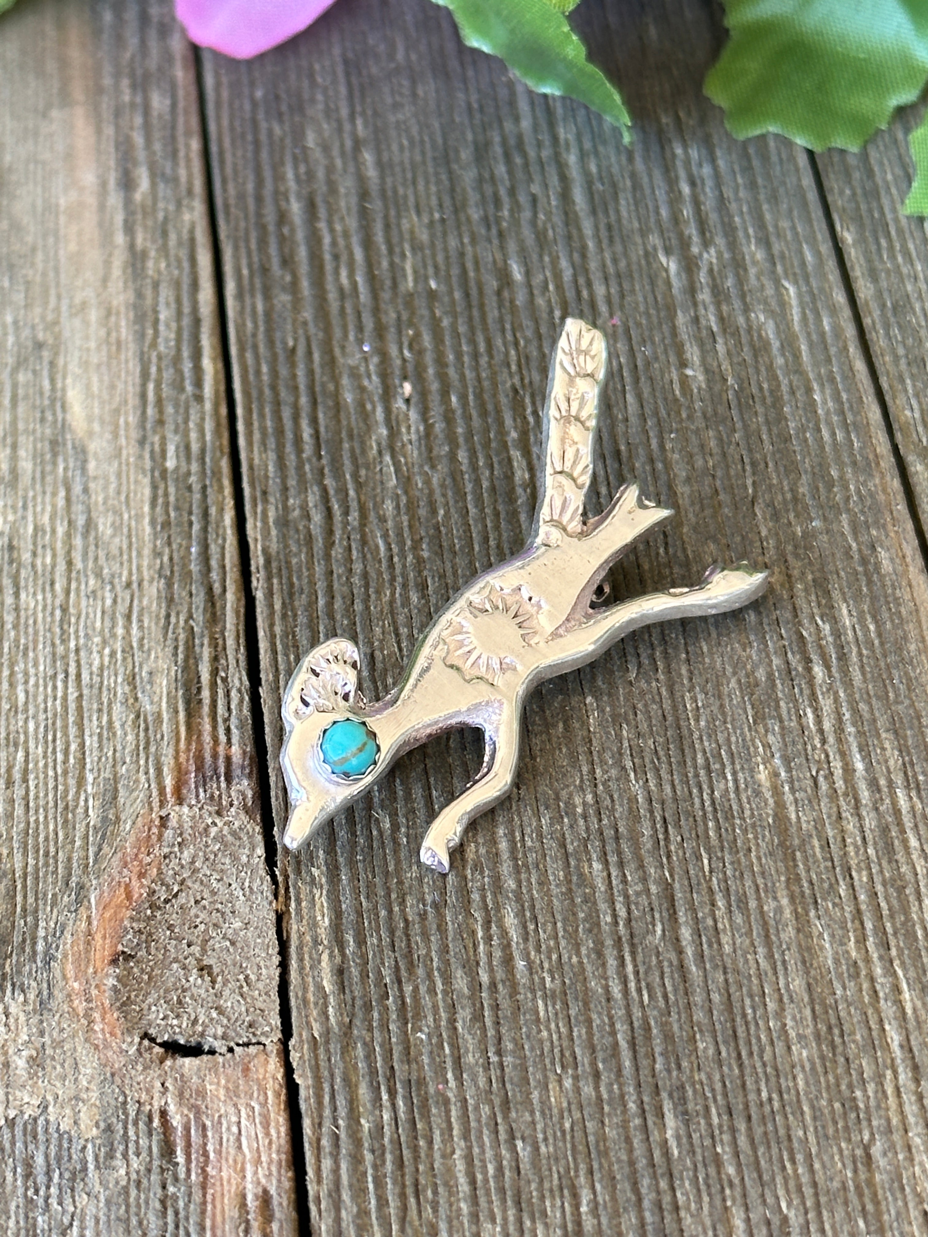 Navajo Made Kingman Turquoise & Sterling Silver Roadrunner Pin