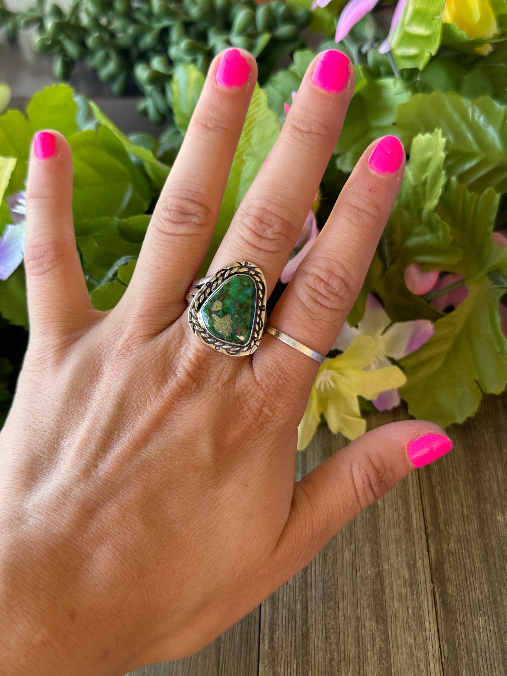 Navajo Made Sonoran Gold Turquoise & Sterling Silver Ring Size 10.75