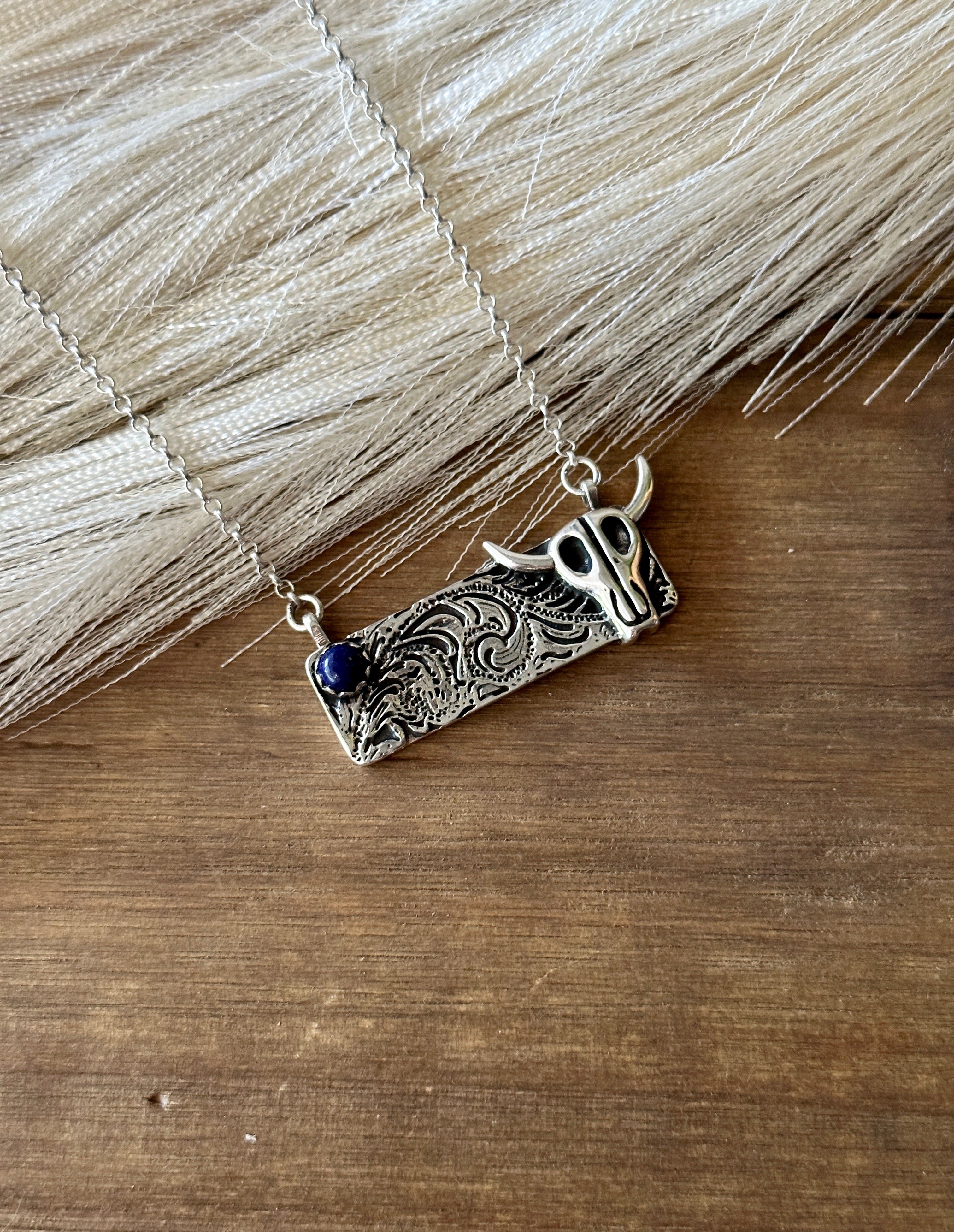 Southwest Handmade Lapis & Sterling Silver Steer Bar Necklace