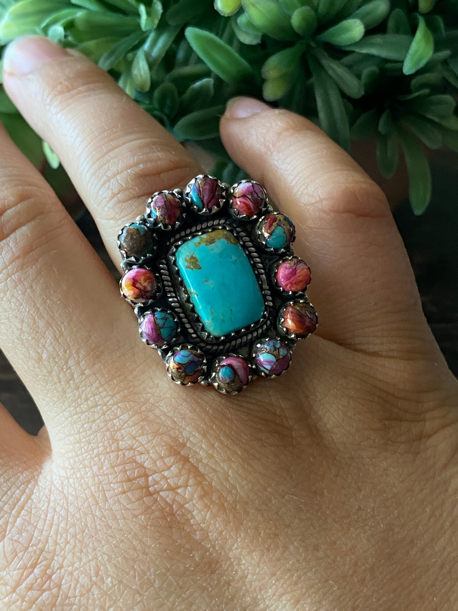 Southwest Handmade Multi Stone & Sterling Silver Adjustable Cluster Ring