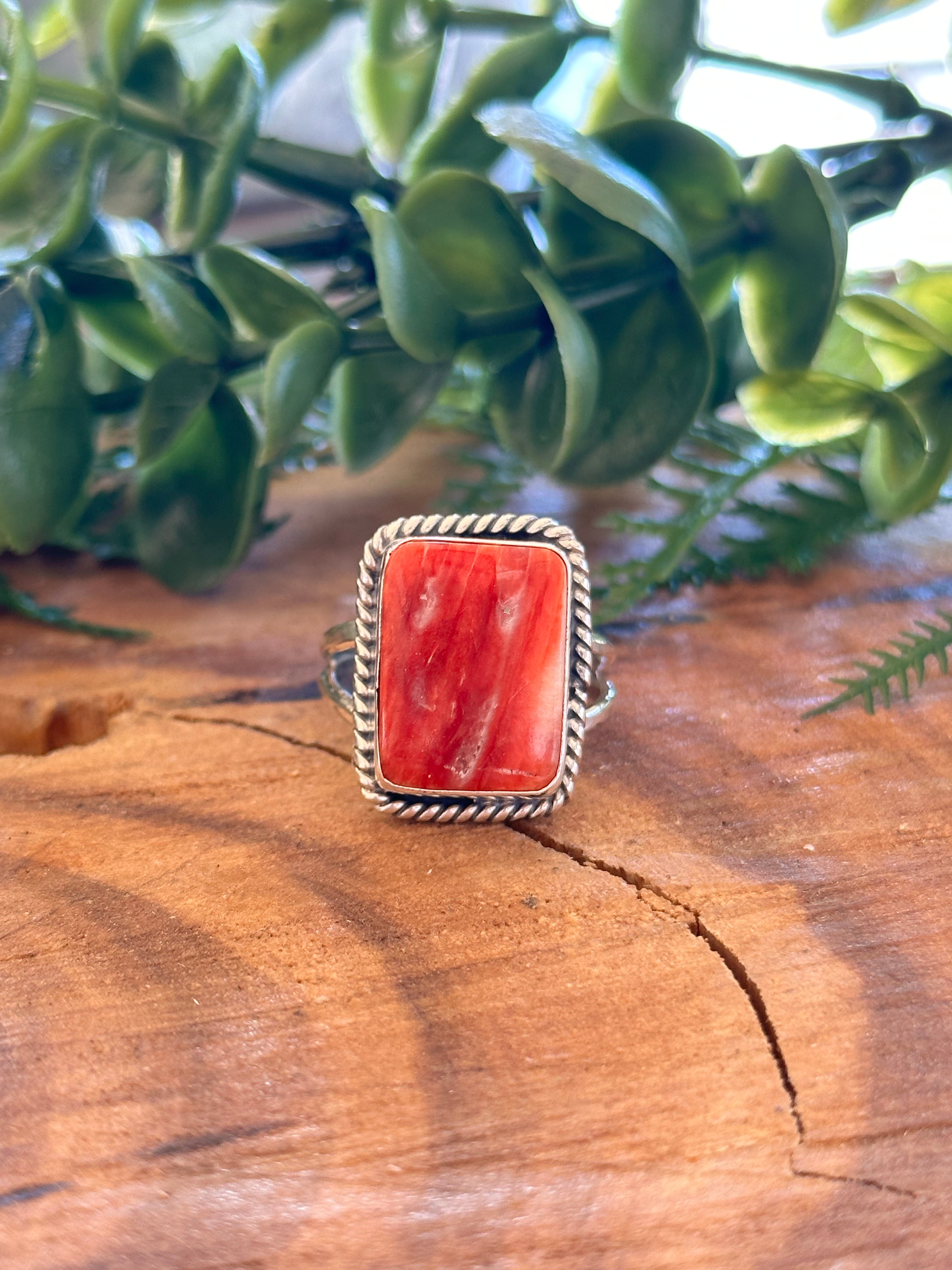 Navajo Made Red Spiny Oyster & Sterling Silver Ring Size 8.75