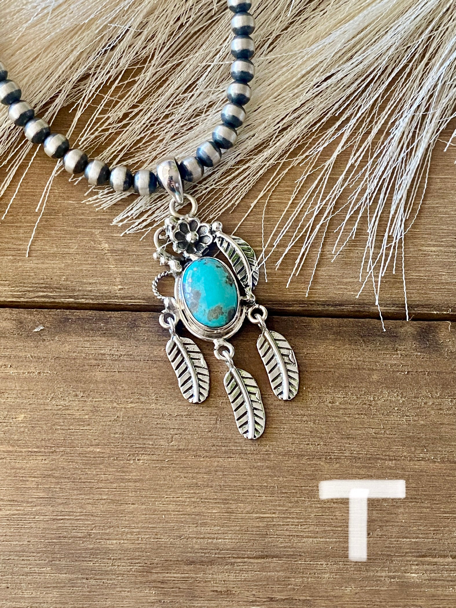 Southwest Handmade Kingman Turquoise & Sterling Silver Feather Pendant