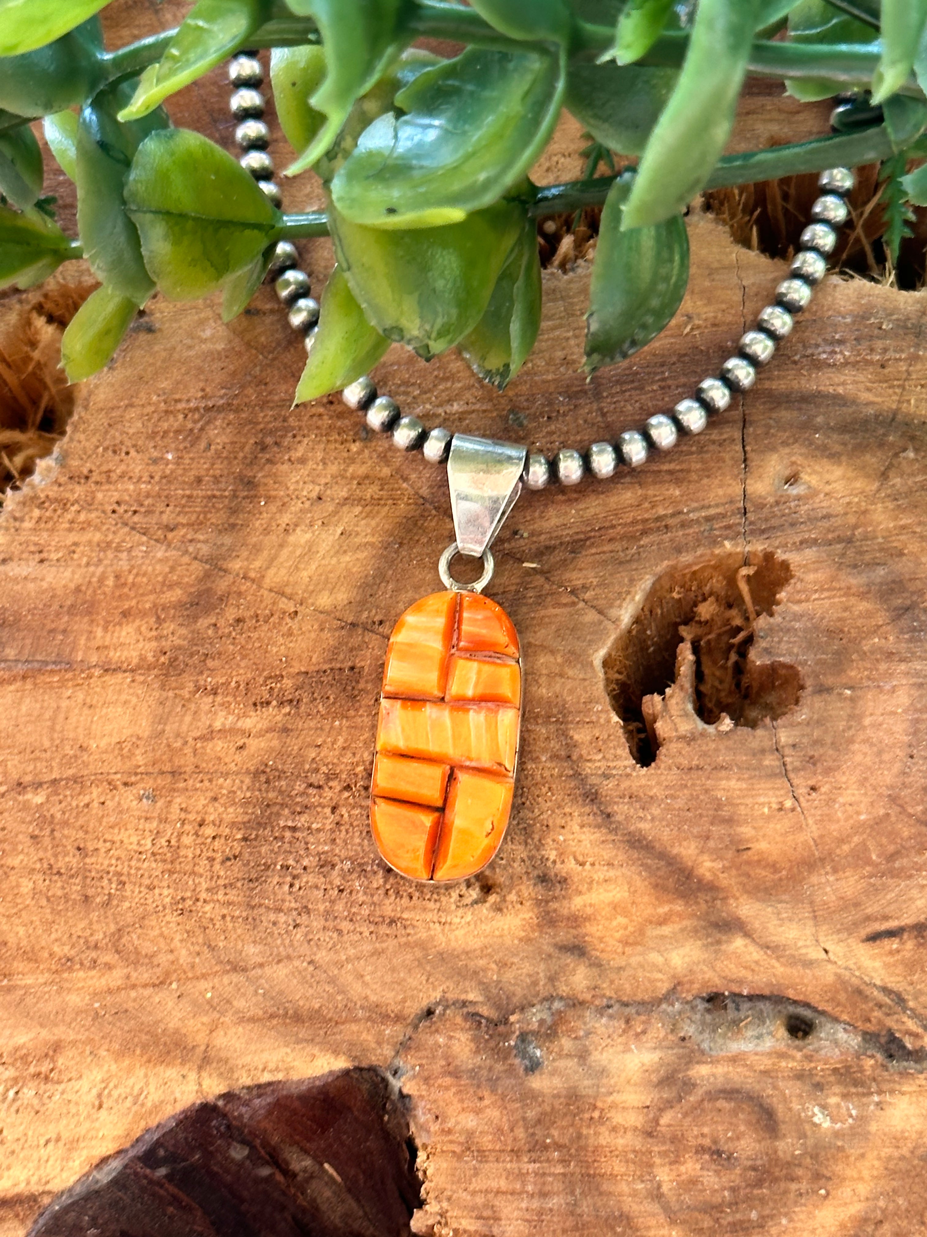 Navajo Made Spiny Oyster & Sterling Silver Inlay Pendant