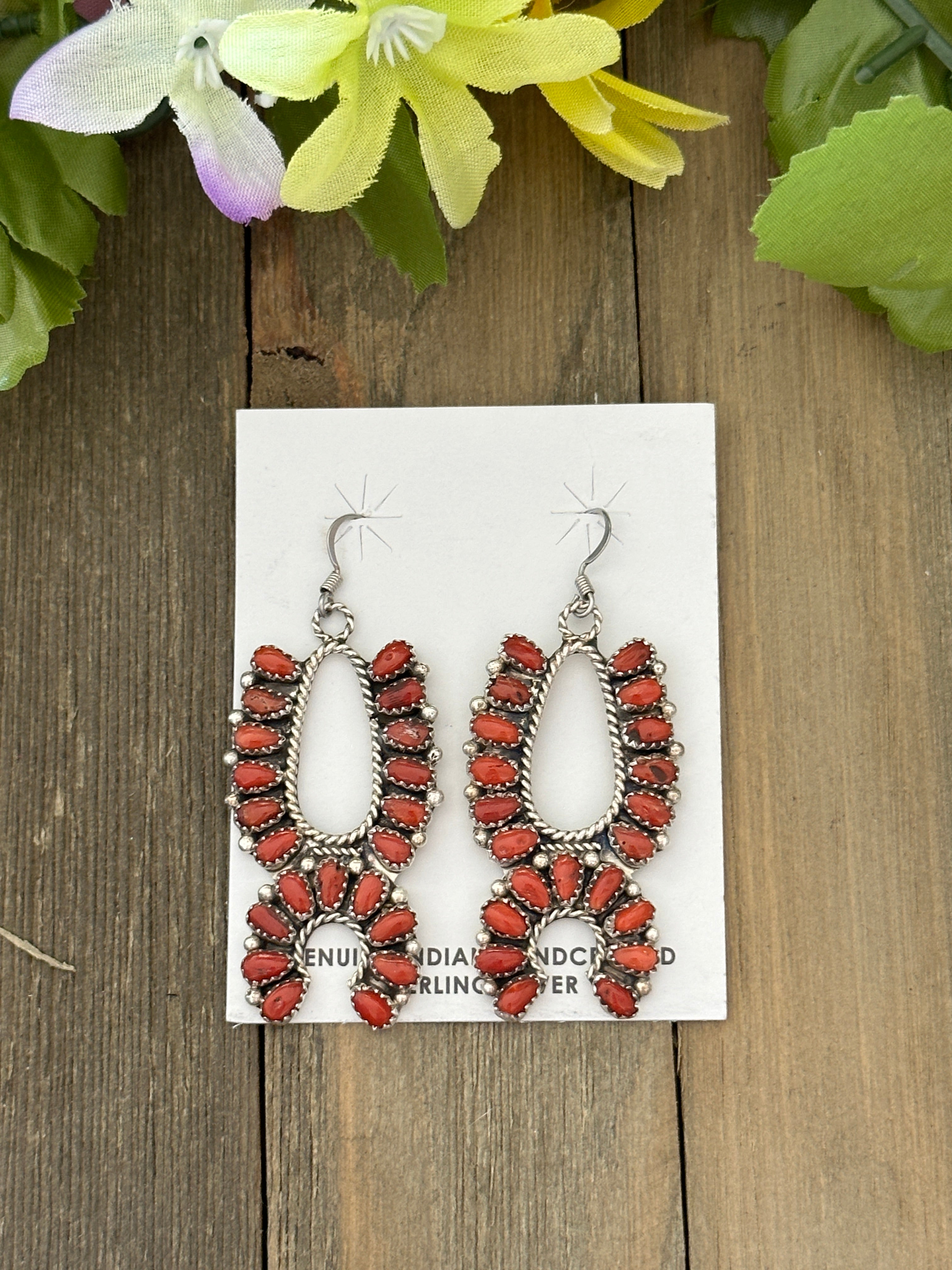 Navajo Made Mediterranean Coral & Sterling Silver Squash Dangle Earrings