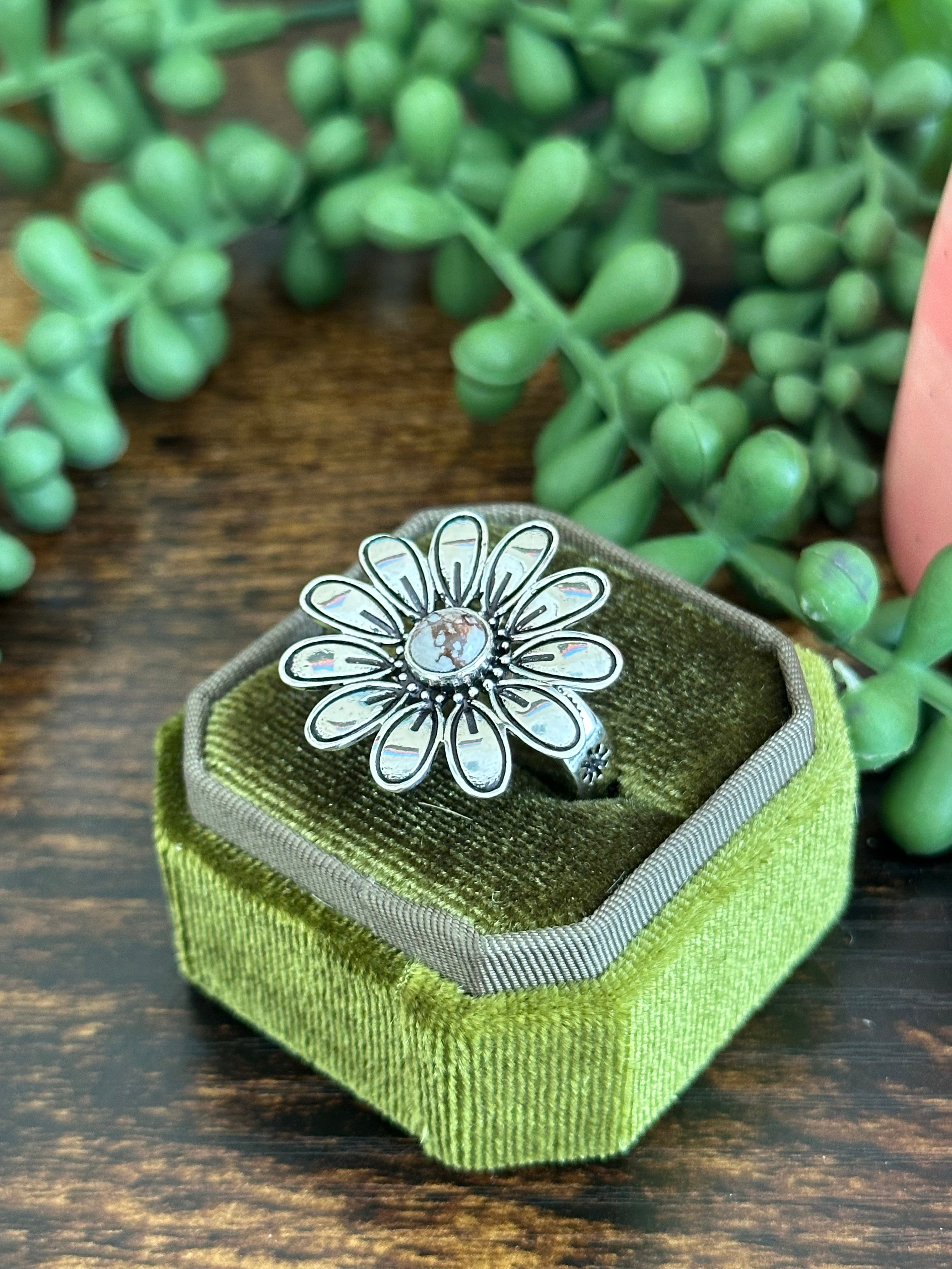 Southwest Made Wild Horse & Sterling Silver Flower Adjustable Ring