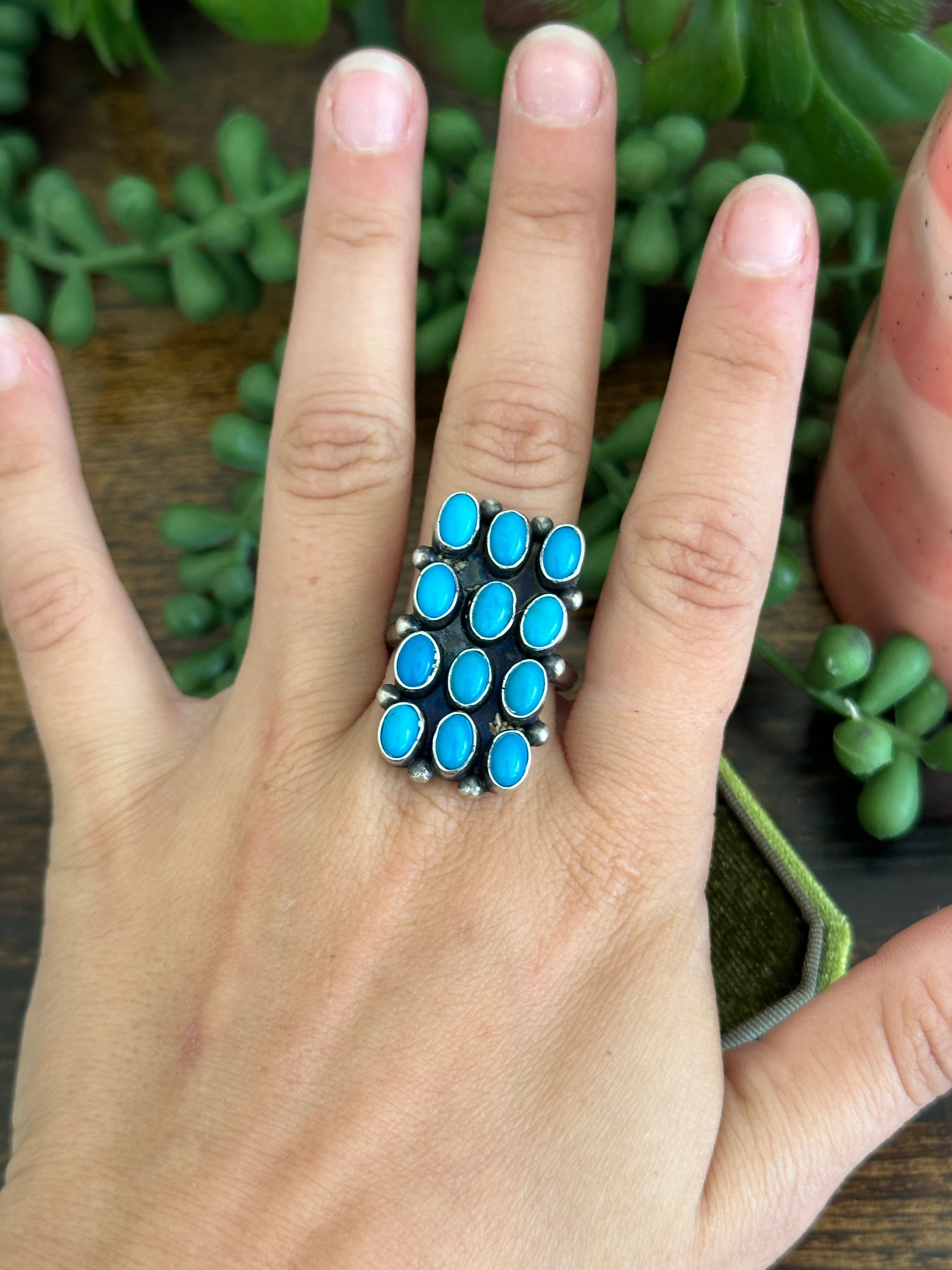 Navajo Made Kingman Turquoise & Sterling Silver Cluster Ring Size 8.75