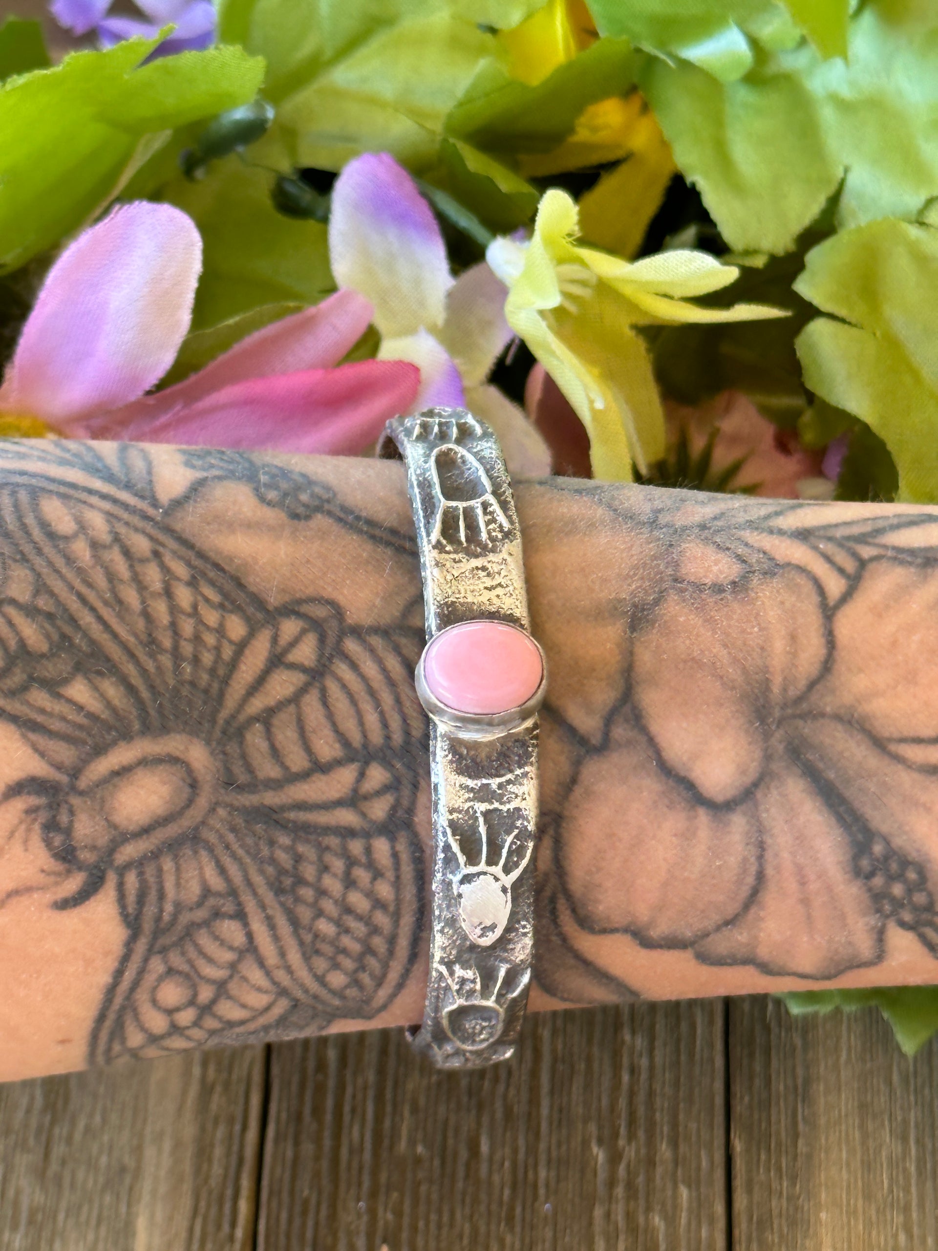 Navajo Made Pink Conch & Sterling Silver Tufa Cast Cuff Bracelet