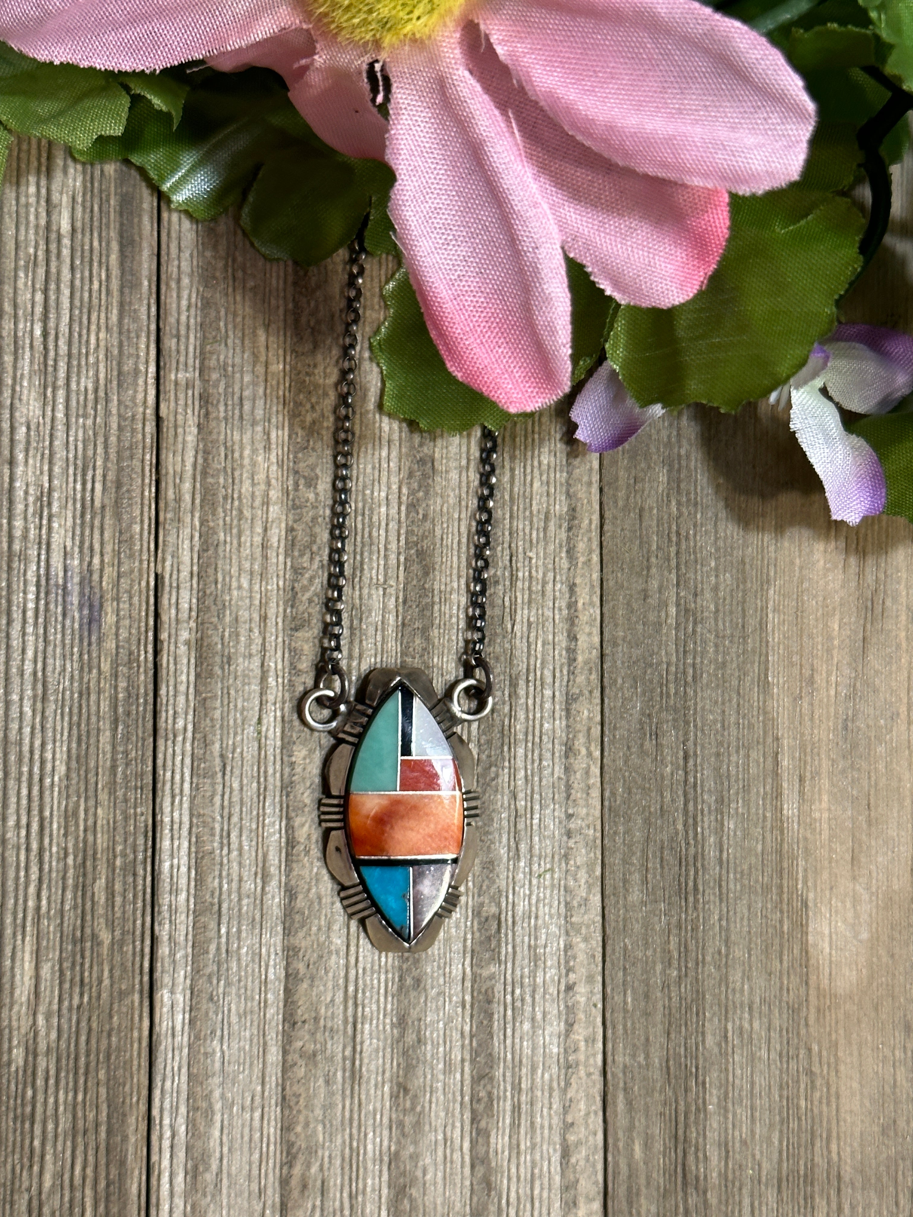 Navajo Made Multi Stone & Sterling Silver Inlay Necklace