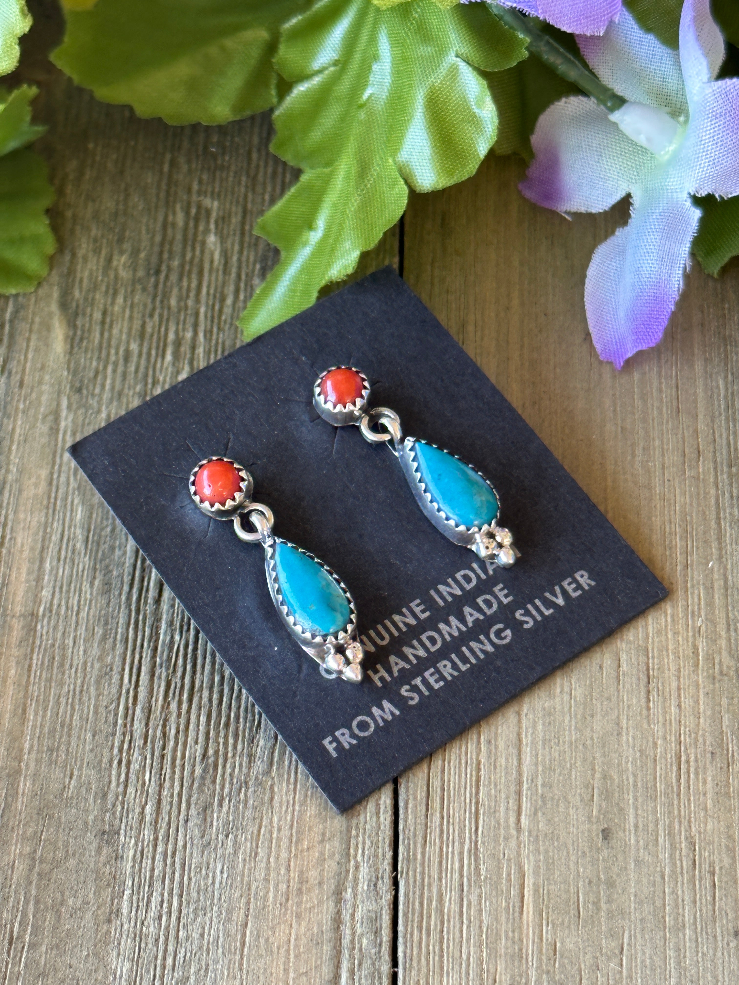 Navajo Made Multi Stone & Sterling Silver Post Dangle Earrings