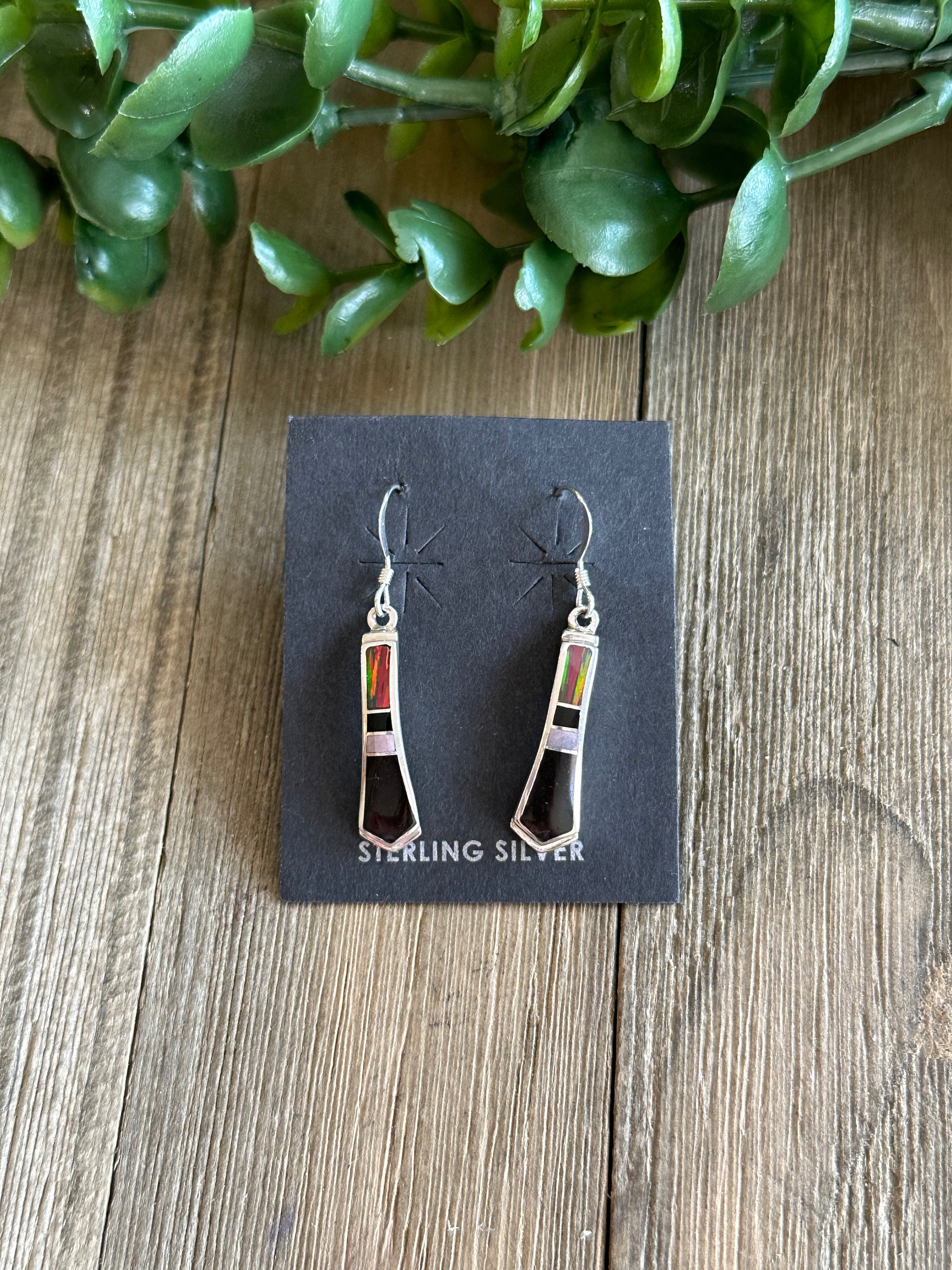 Navajo Made Multi Stone & Sterling Silver Inlay Dangle Earrings