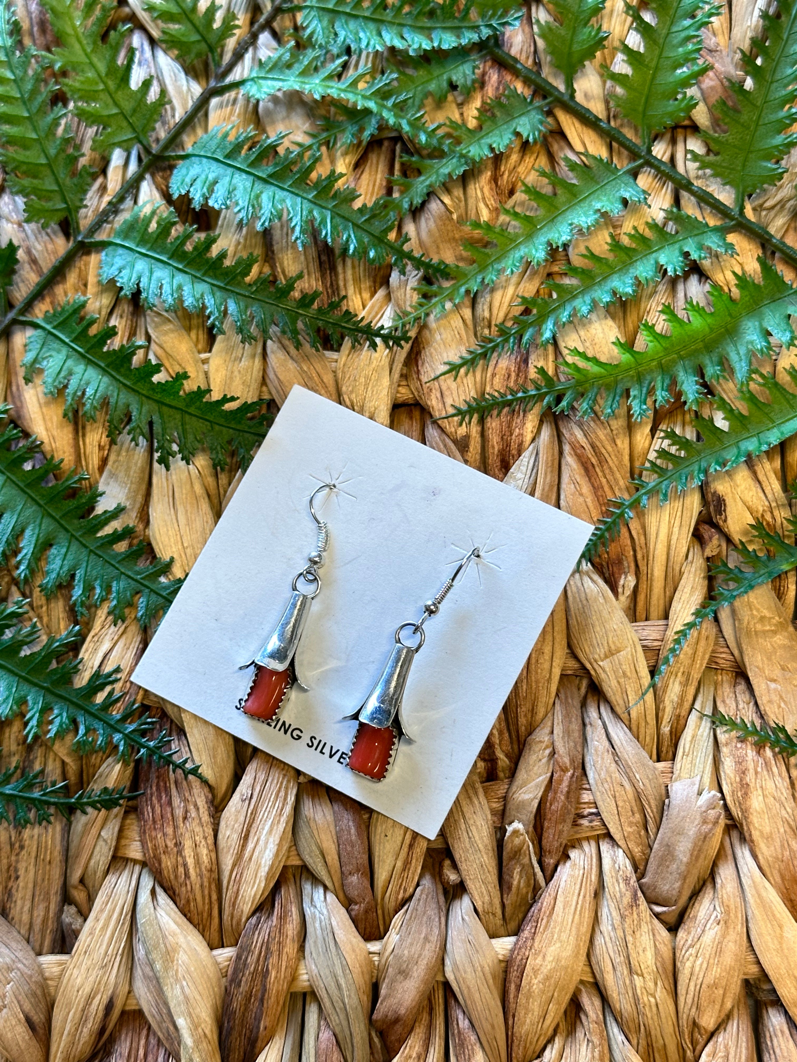 Navajo Made Coral & Sterling Silver Blossom Dangle Earrings