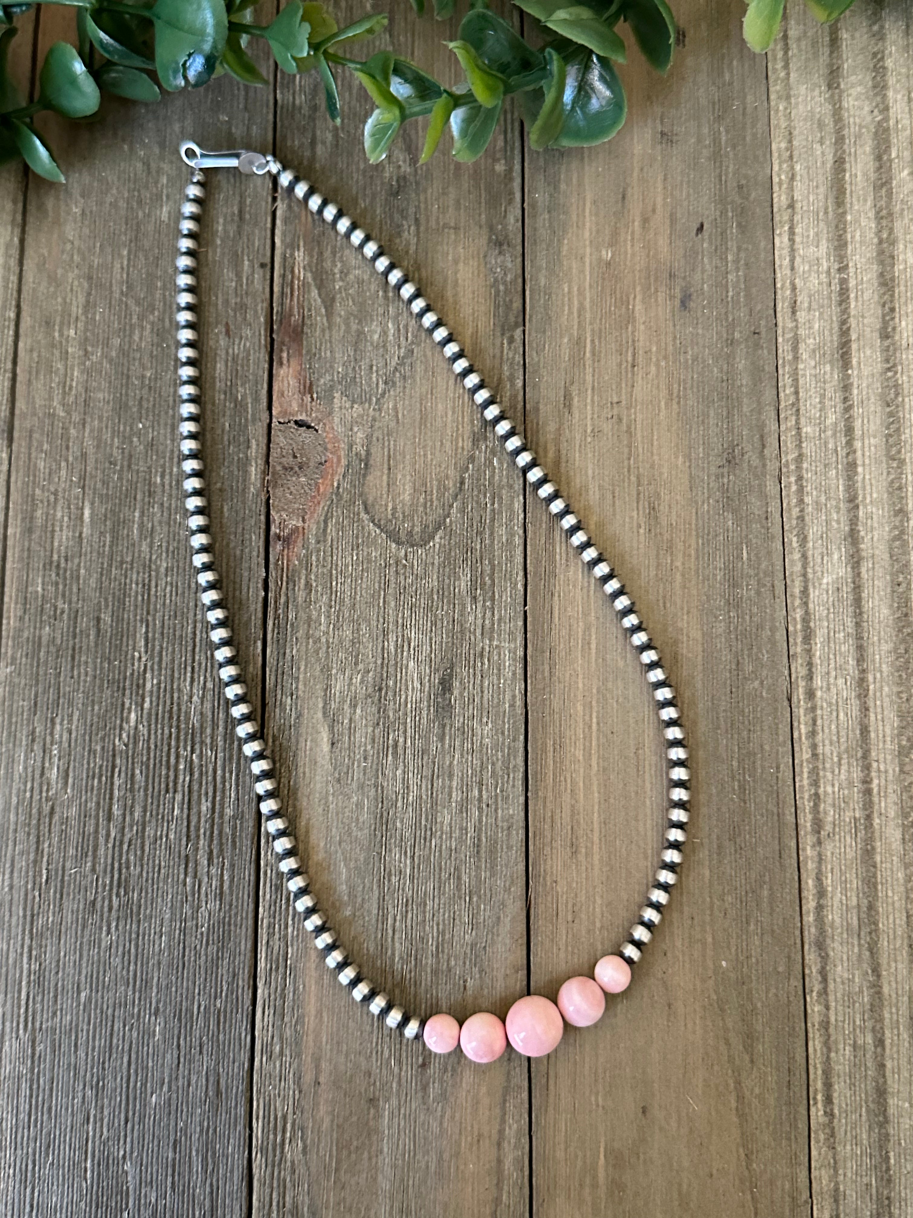 Navajo Strung Pink Conch & Sterling Silver Pearls Beaded Necklace