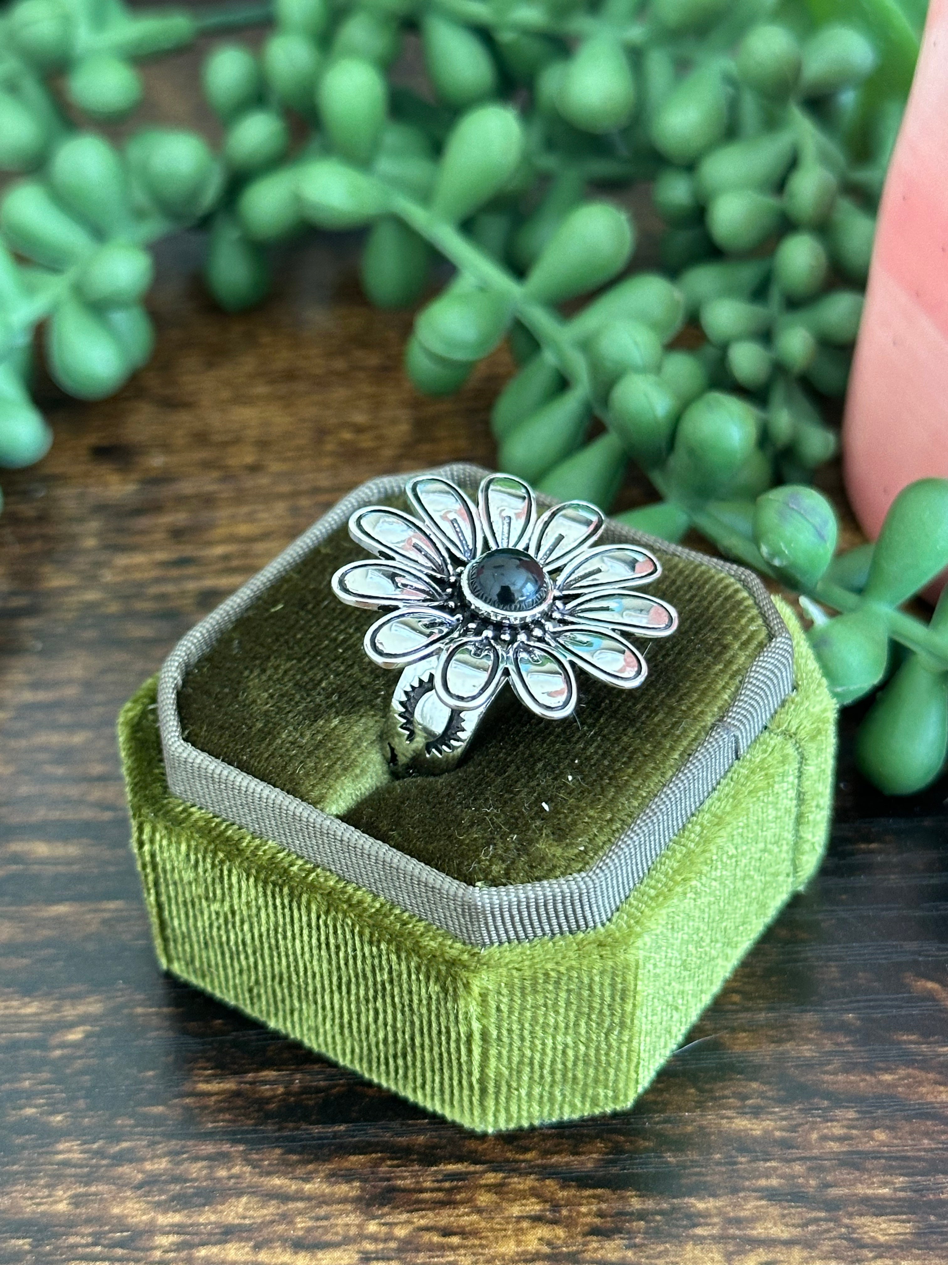 Southwest Made Onyx & Sterling Silver Flower Adjustable Ring