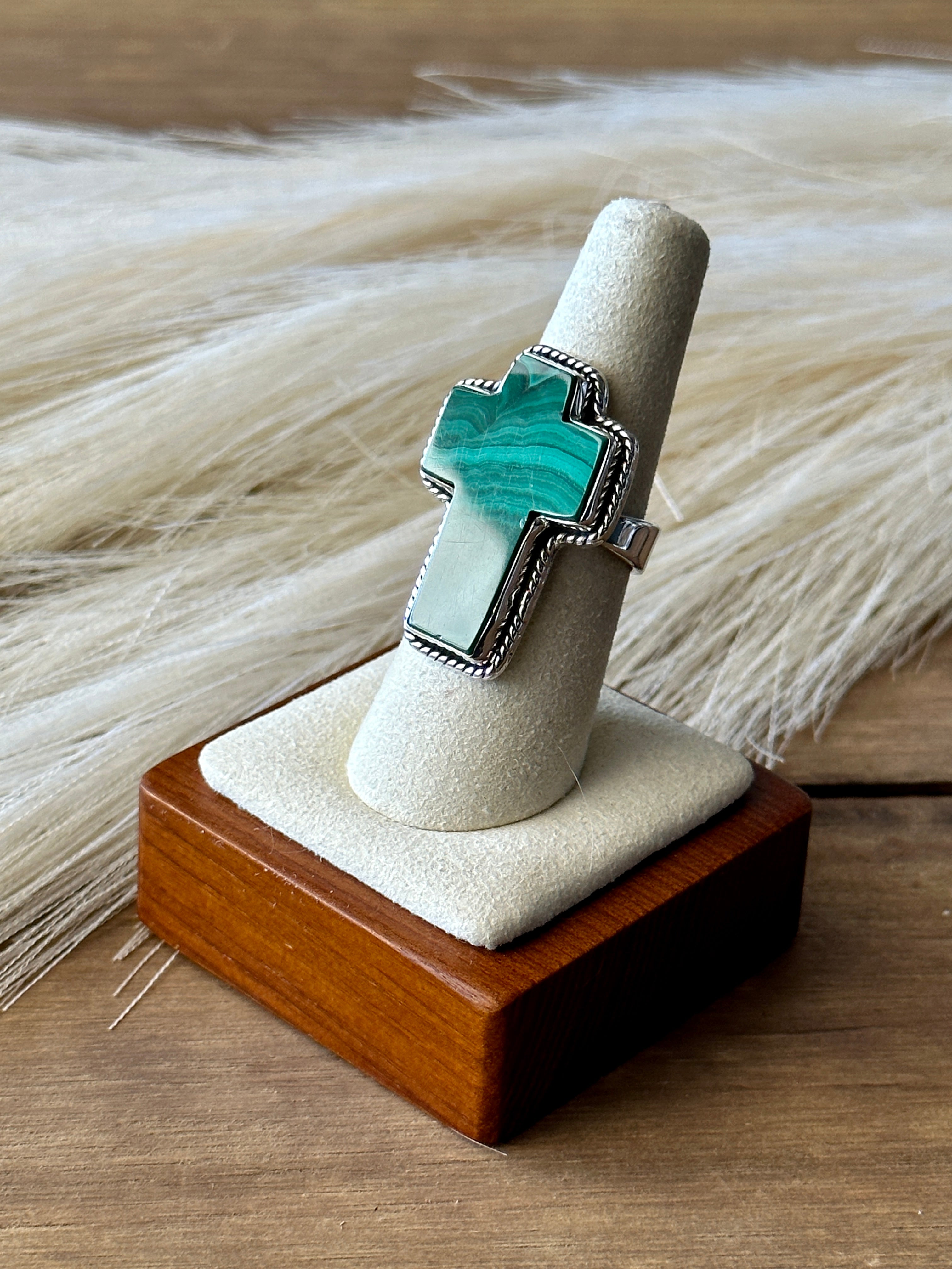 Southwest Handmade Malachite & Sterling Silver Adjustable Cross Ring