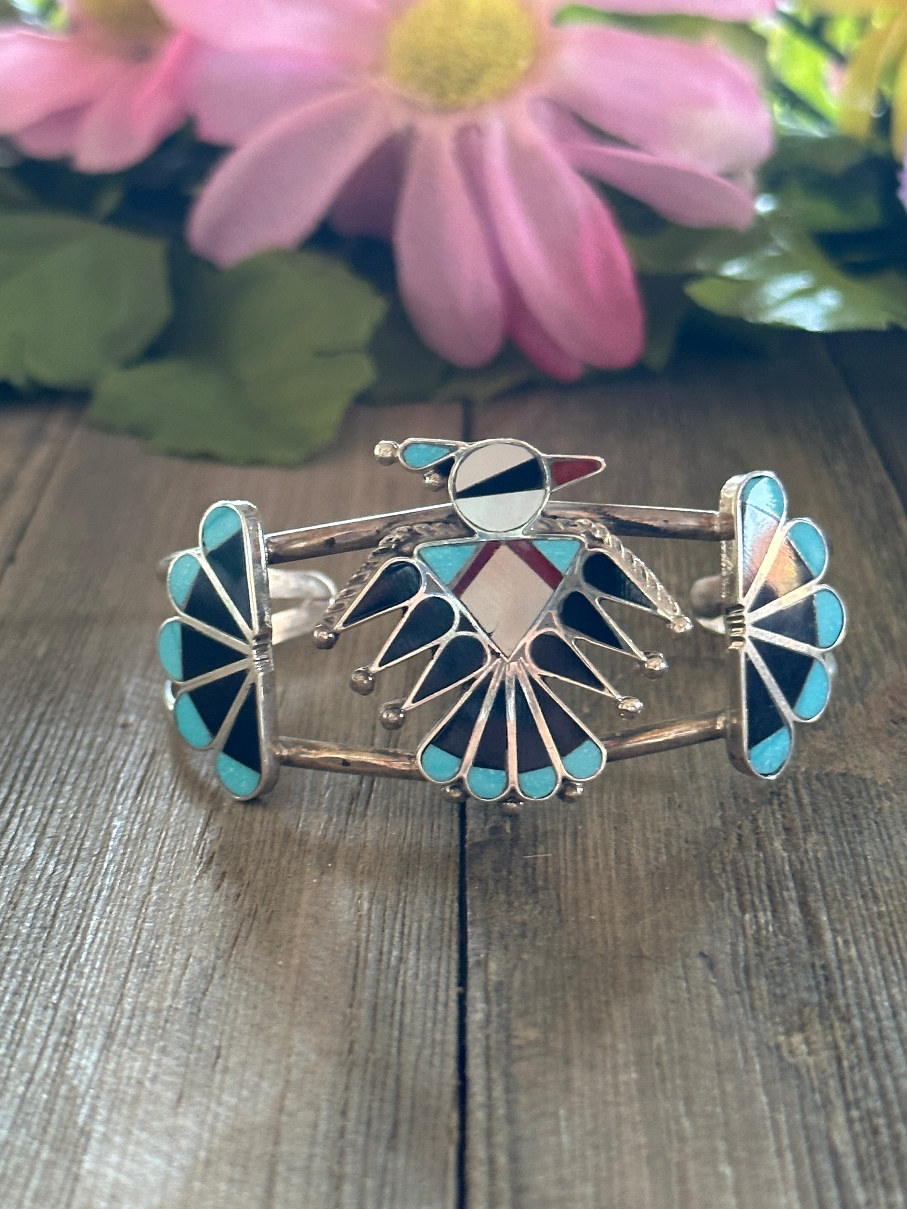 Zuni Made Multi Stone & Sterling Silver Inlay Thunderbird Cuff Bracelet