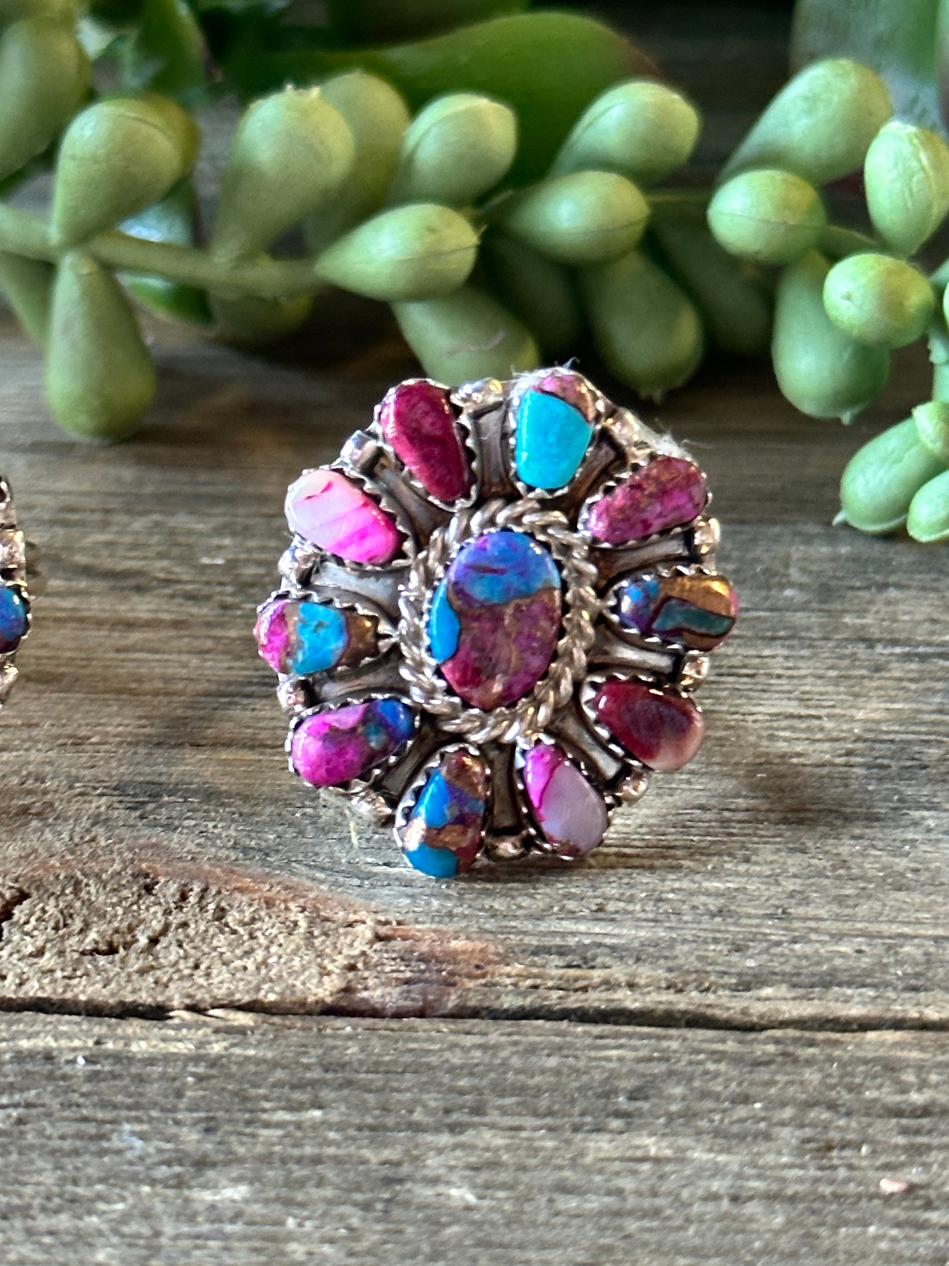 Navajo Made Pink Mohave Turquoise & Sterling Silver Cluster Ring