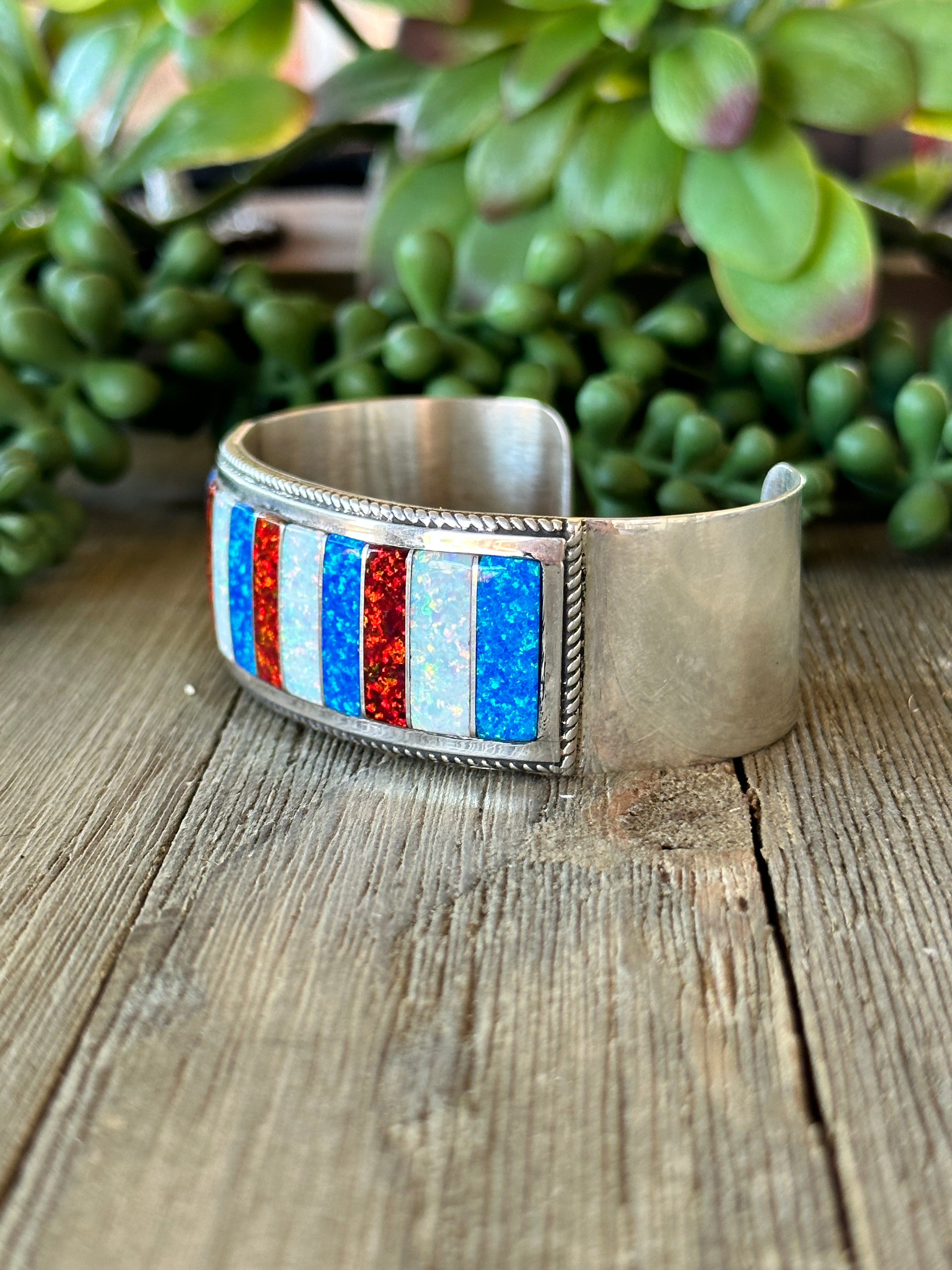 Navajo Made Opal (Man Made) & Sterling Silver Cuff Bracelet