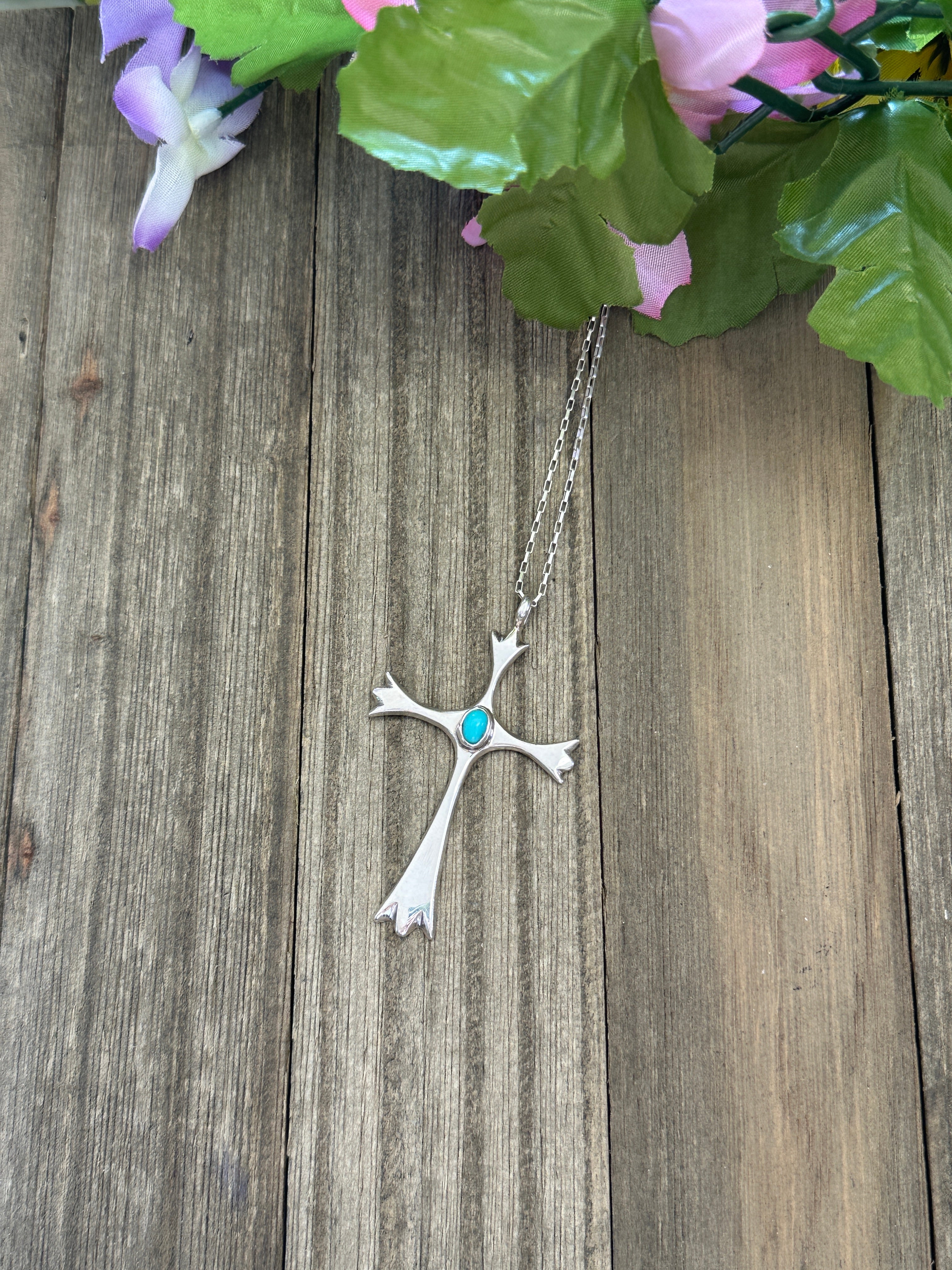 Navajo Made Kingman Turquoise & Sterling Silver Cross Pendant