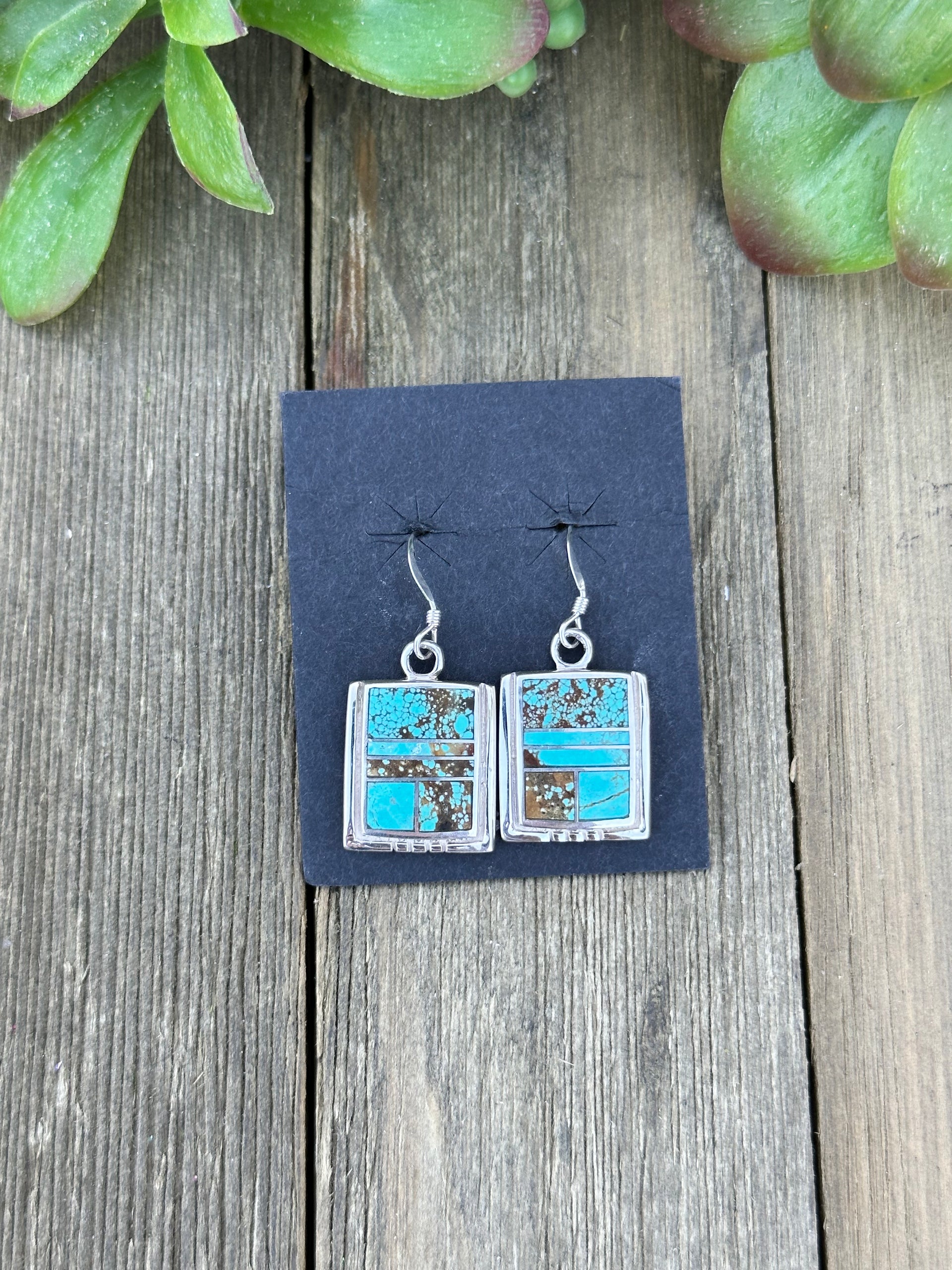 Navajo Made #8 Turquoise  & Sterling Silver Dangle Inlay Earrings