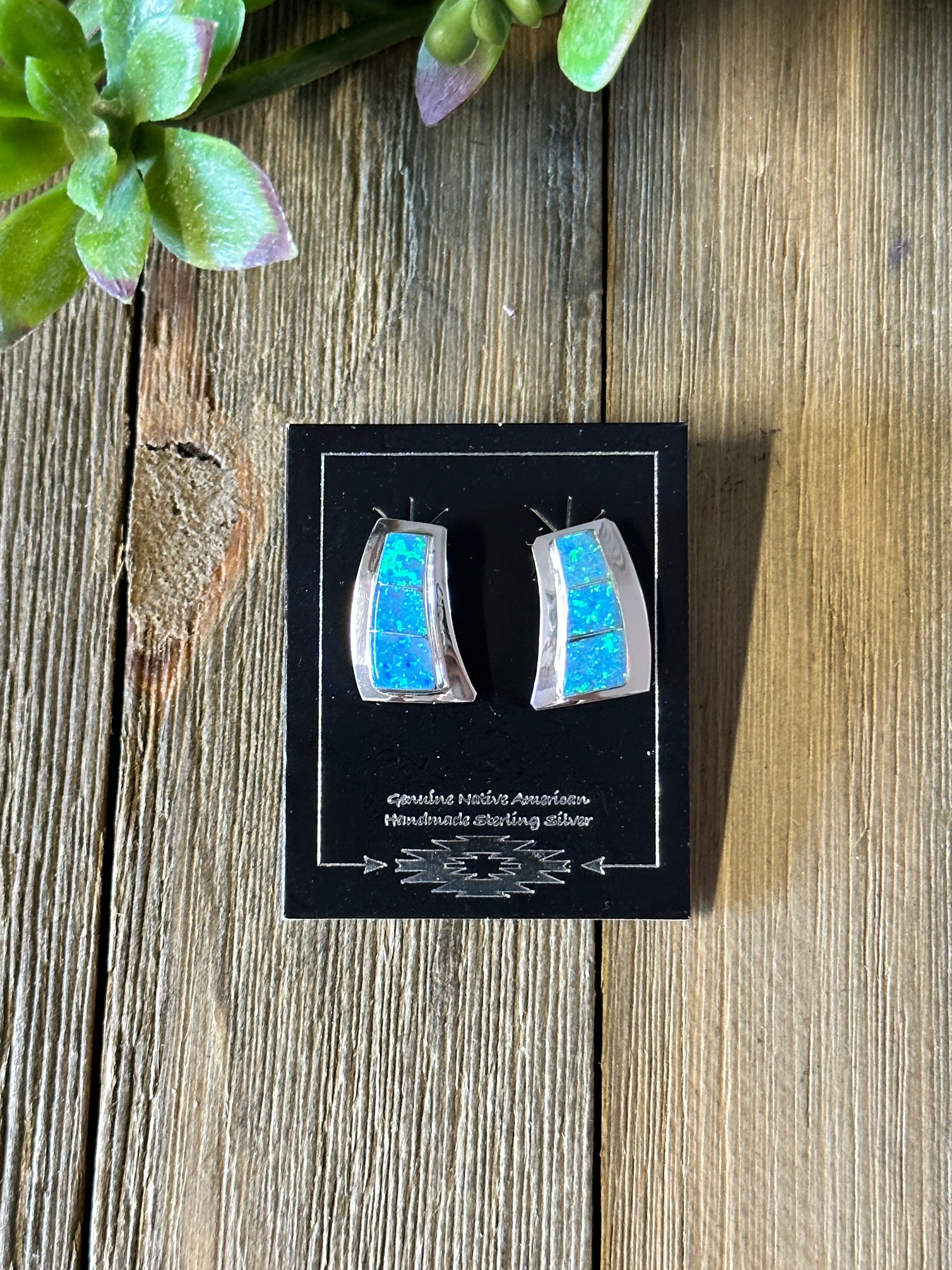 Navajo Made Blue Opal (Man Made) & Sterling Silver Post Earrings