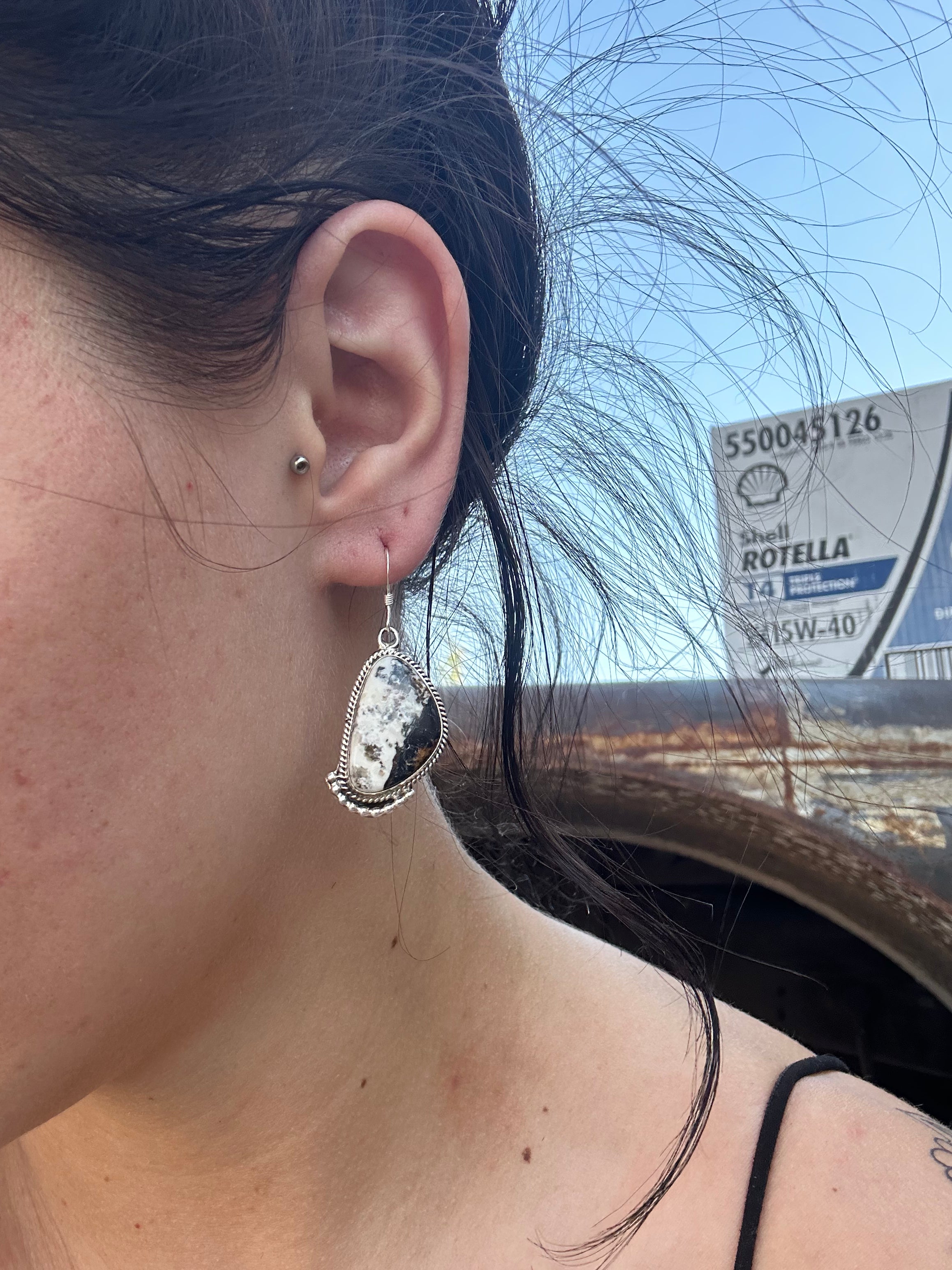 Navajo Made White Buffalo & Sterling Silver Dangle Earrings