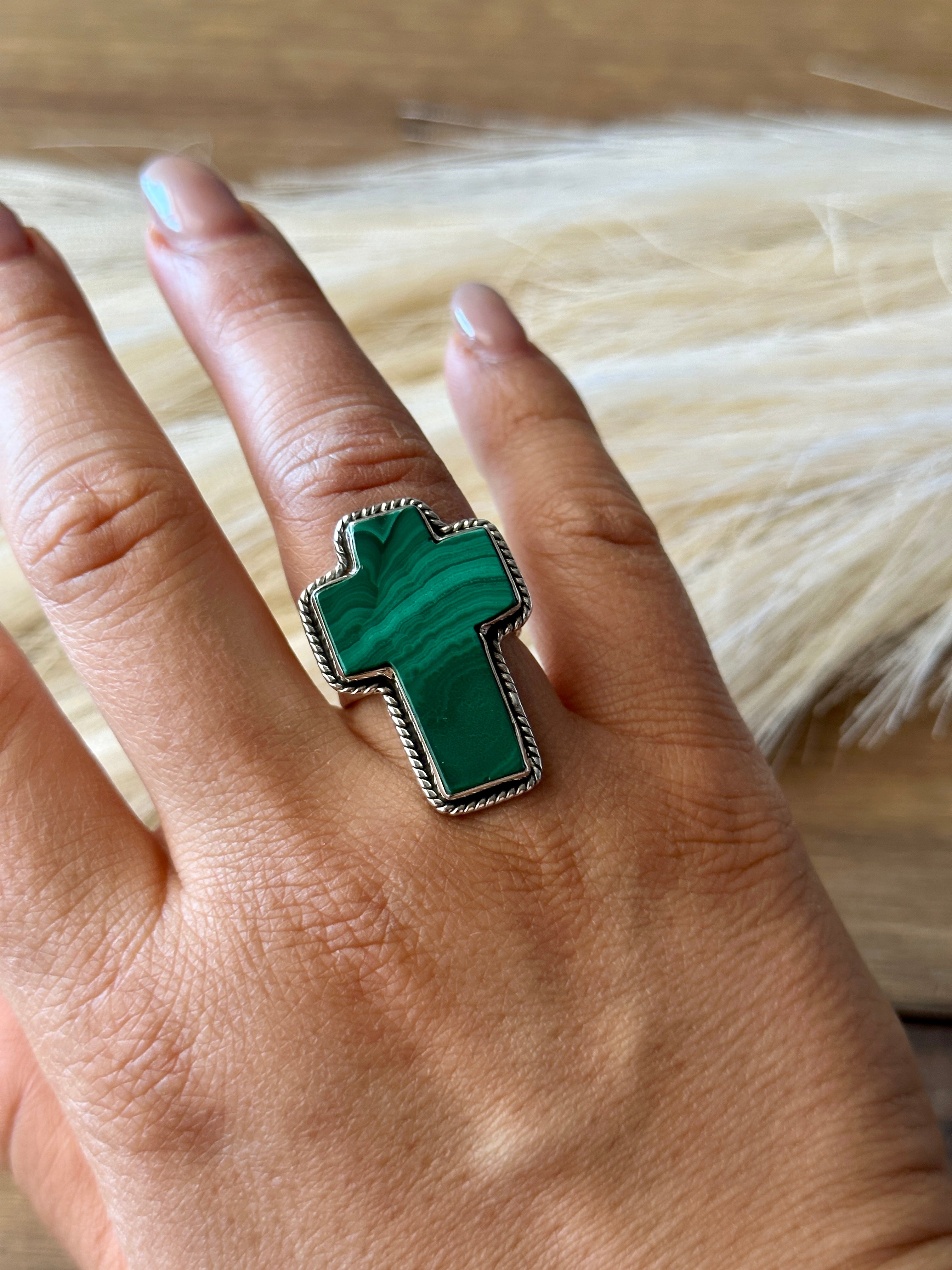 Southwest Handmade Malachite & Sterling Silver Adjustable Cross Ring