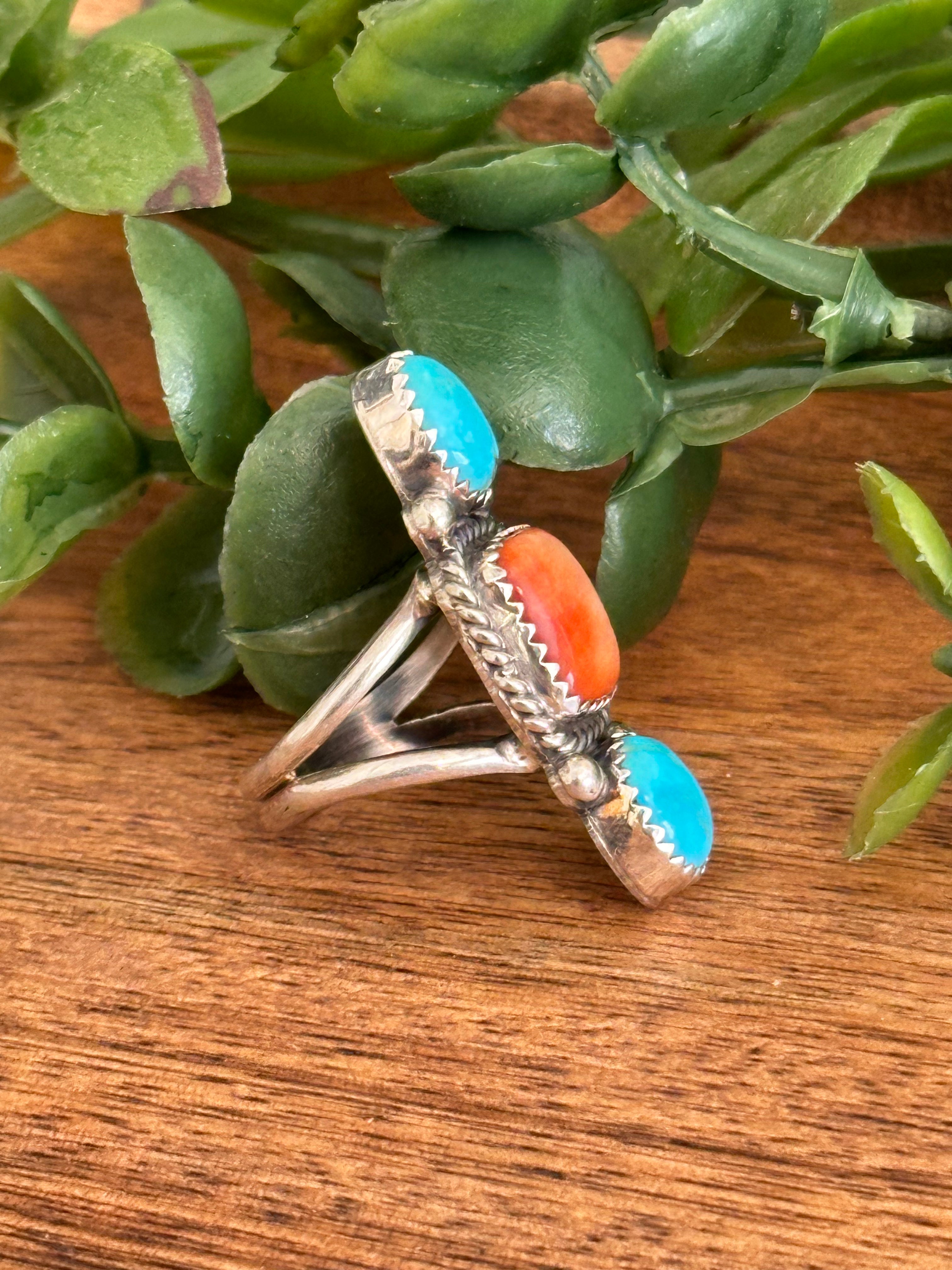 Navajo Made Multi Stone & Sterling Silver Ring Size 5.5