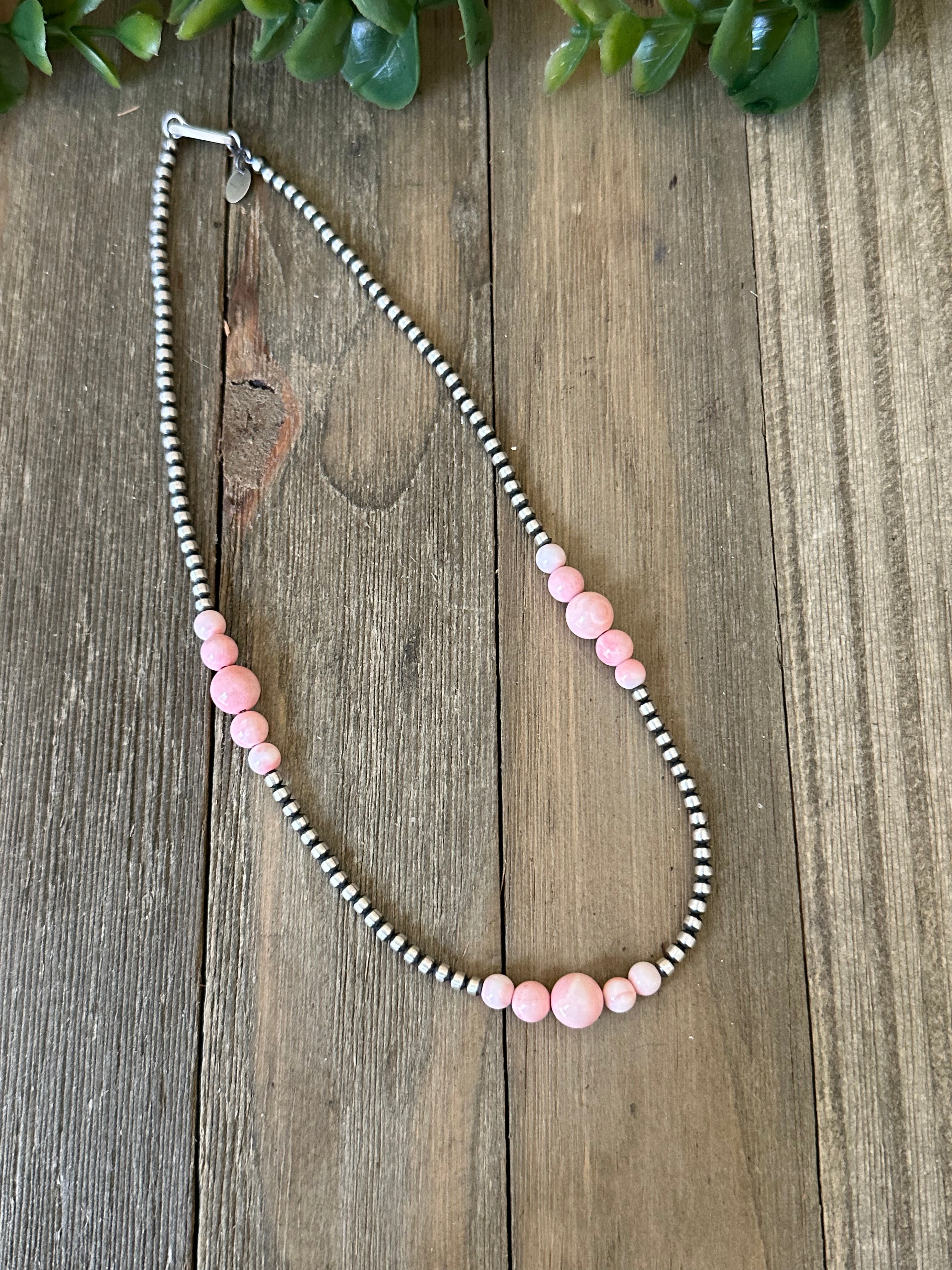 Navajo Strung Pink Conch & Sterling Silver 3 MM Pearls Beaded Necklace