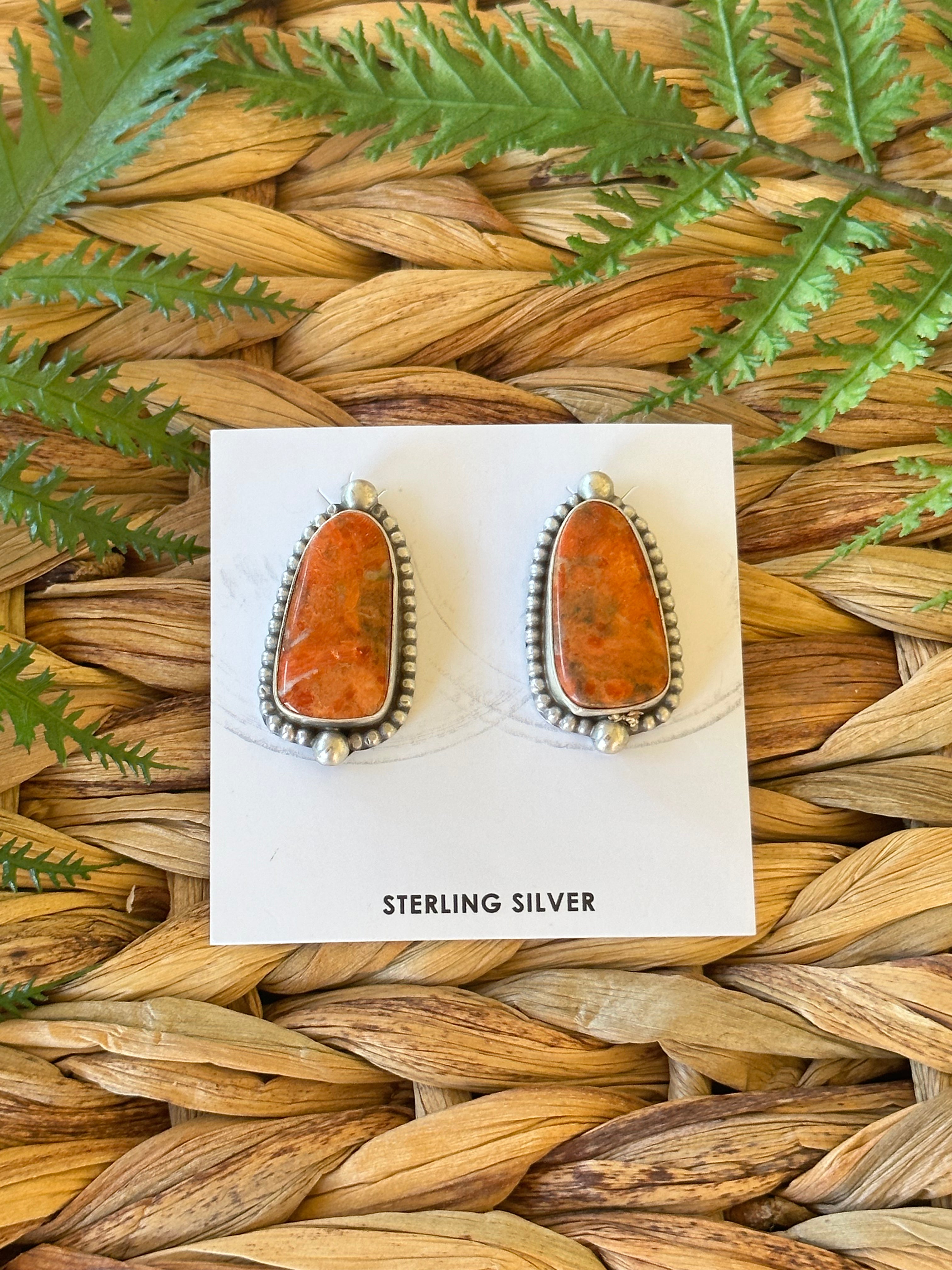 Navajo Made Apple Coral & Sterling Silver Post Earrings