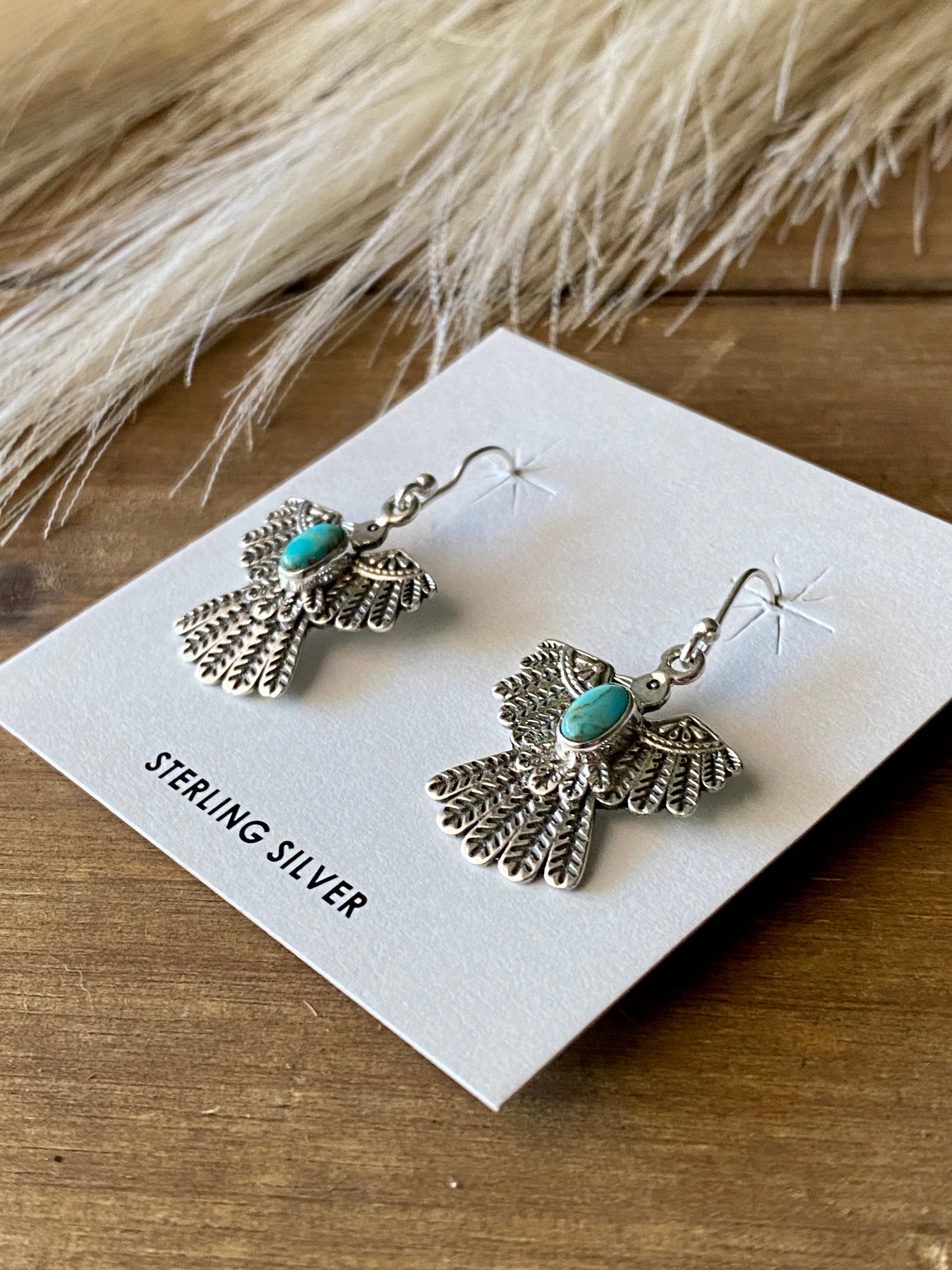 Southwest Handmade Kingman Turquoise & Sterling Silver Thunderbird Dangles Earrings