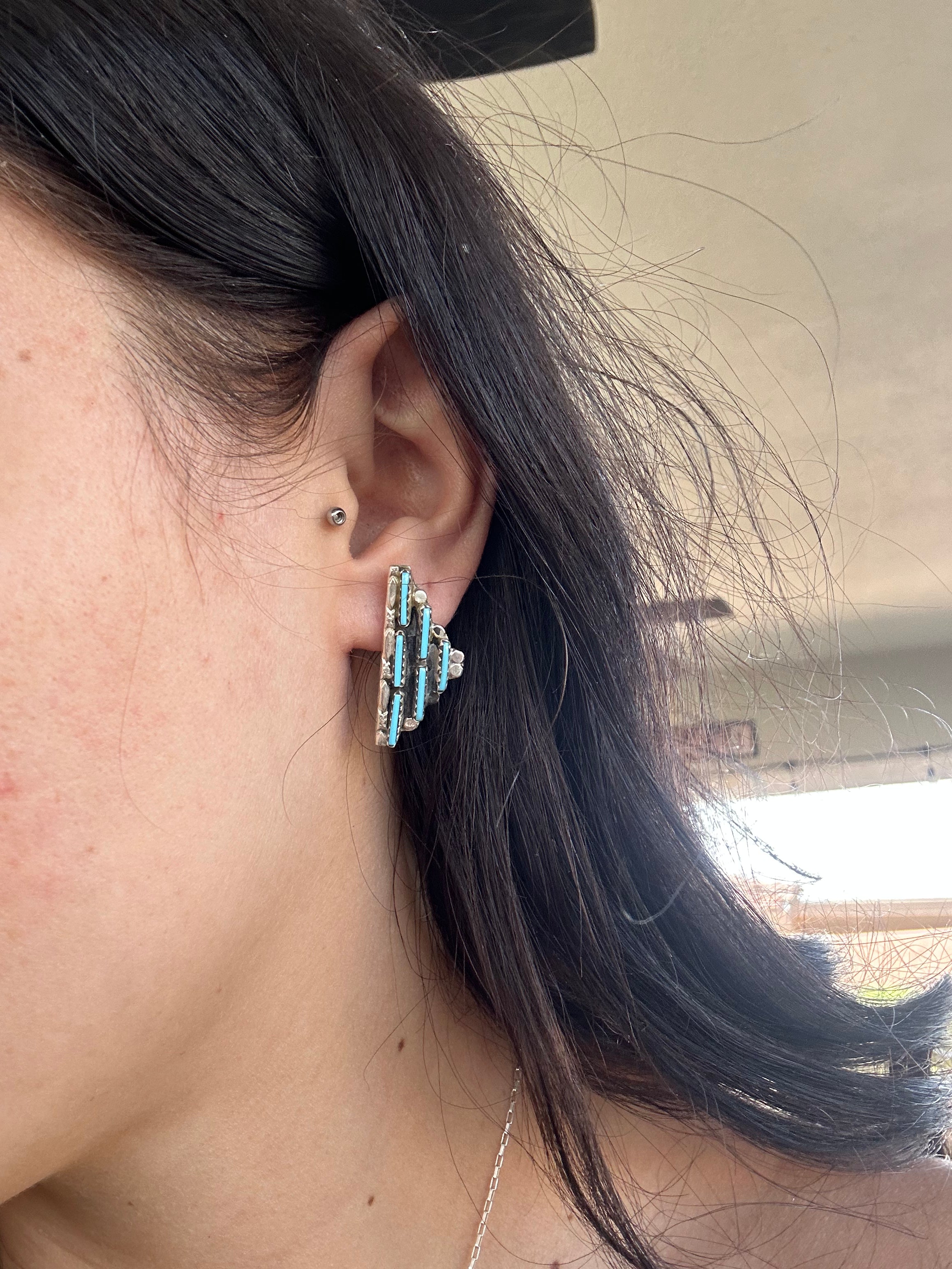 Zuni Made Turquoise & Sterling Silver Post Cluster Earrings