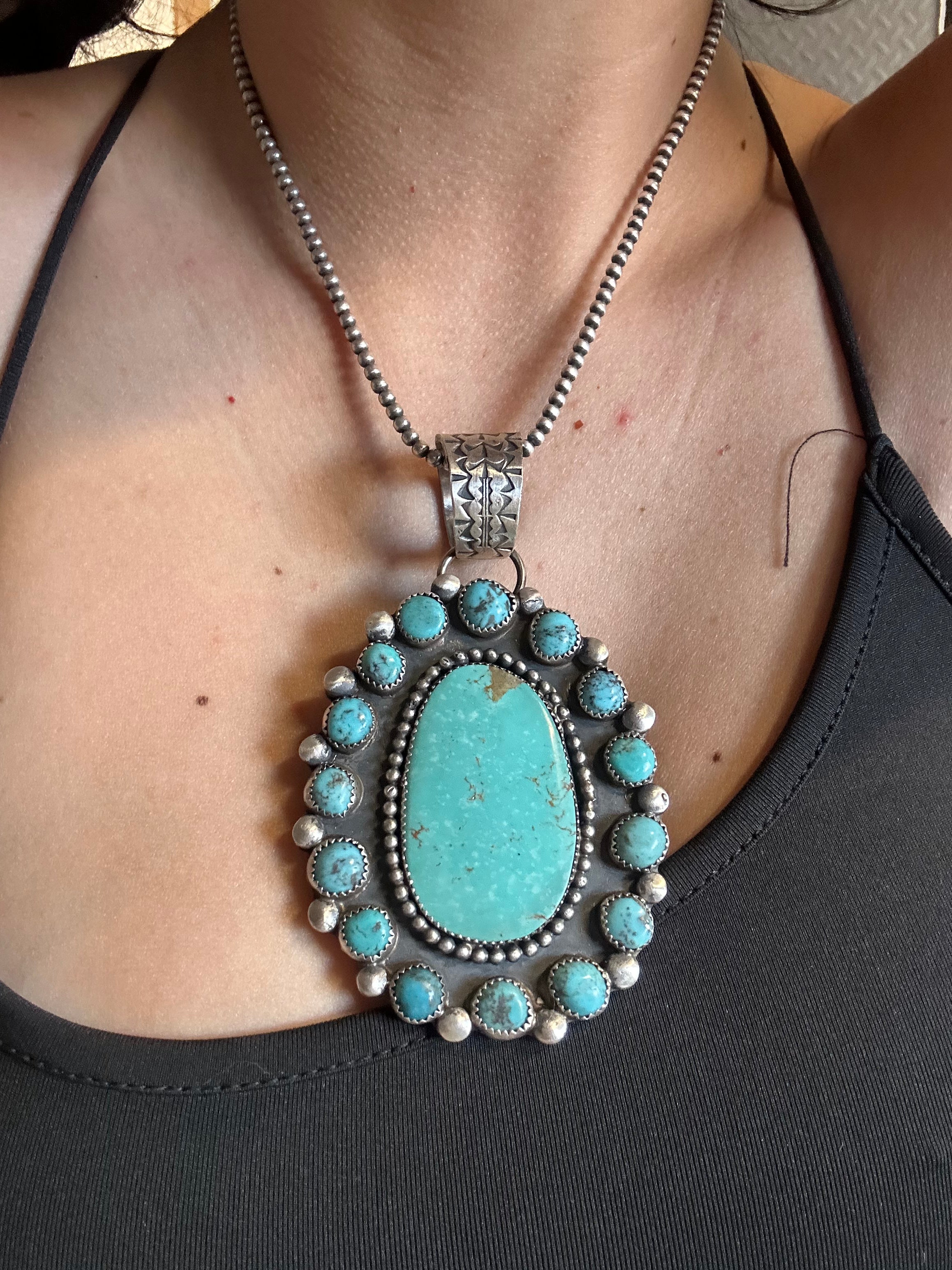 Navajo Made Kingman Turquoise & Sterling Silver Pendant