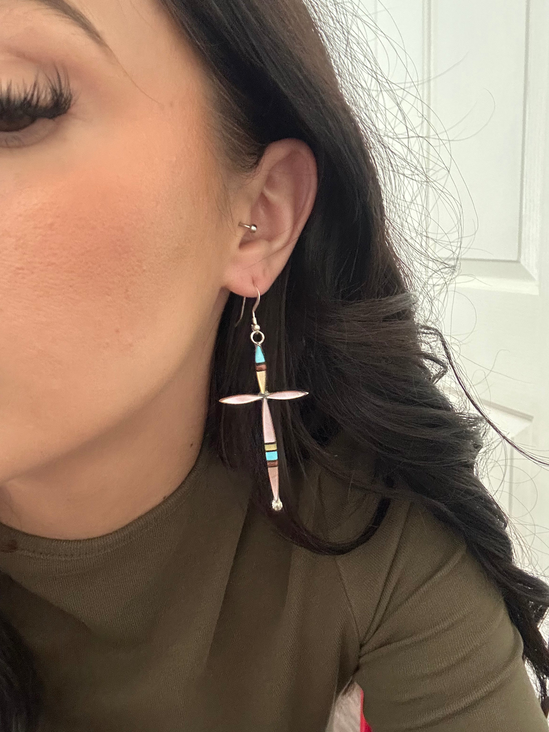 Zuni Made Multi Stone & Sterling Silver Dangle Cross Inlay Earrings